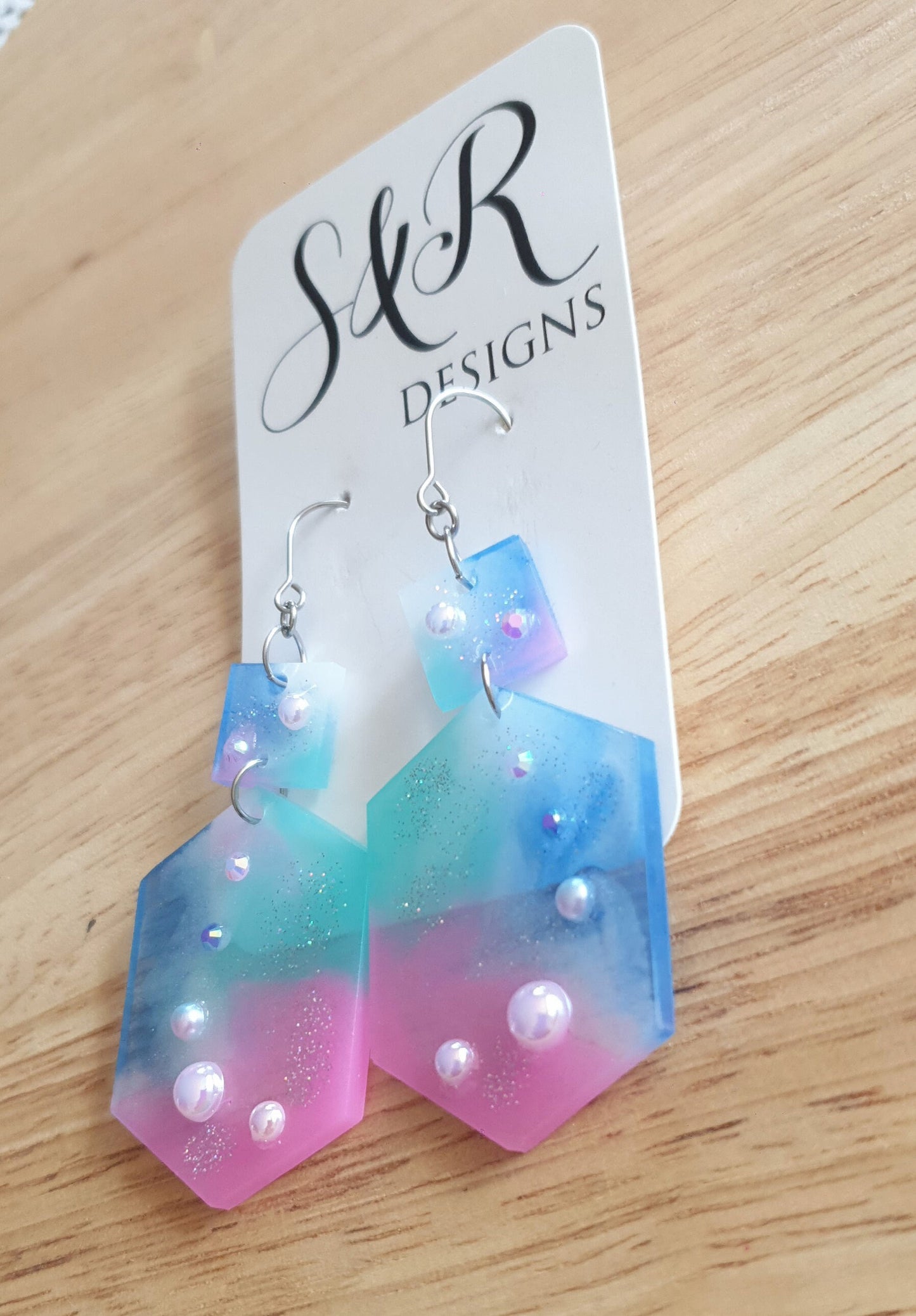 Pearl Rhinestones Hexagon Square Dangle Drop Hook Earrings, Blue,  Teal, Pink and White Glitter Resin Handmade Studs, Statement Earrings