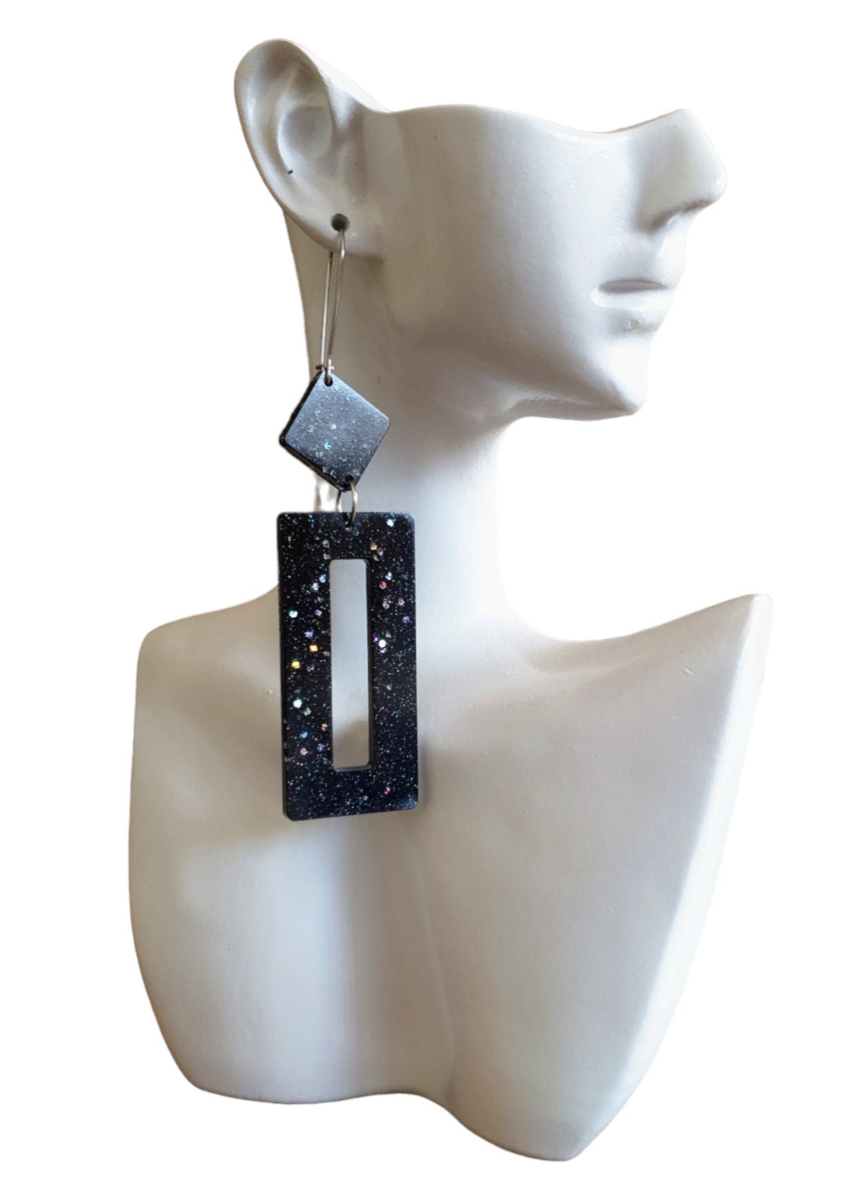 Rectangle Long Dangle Latchback Earwire Earrings, Black Holographic Glitter Resin Dangle, Stainless Steel, Statement Earrings