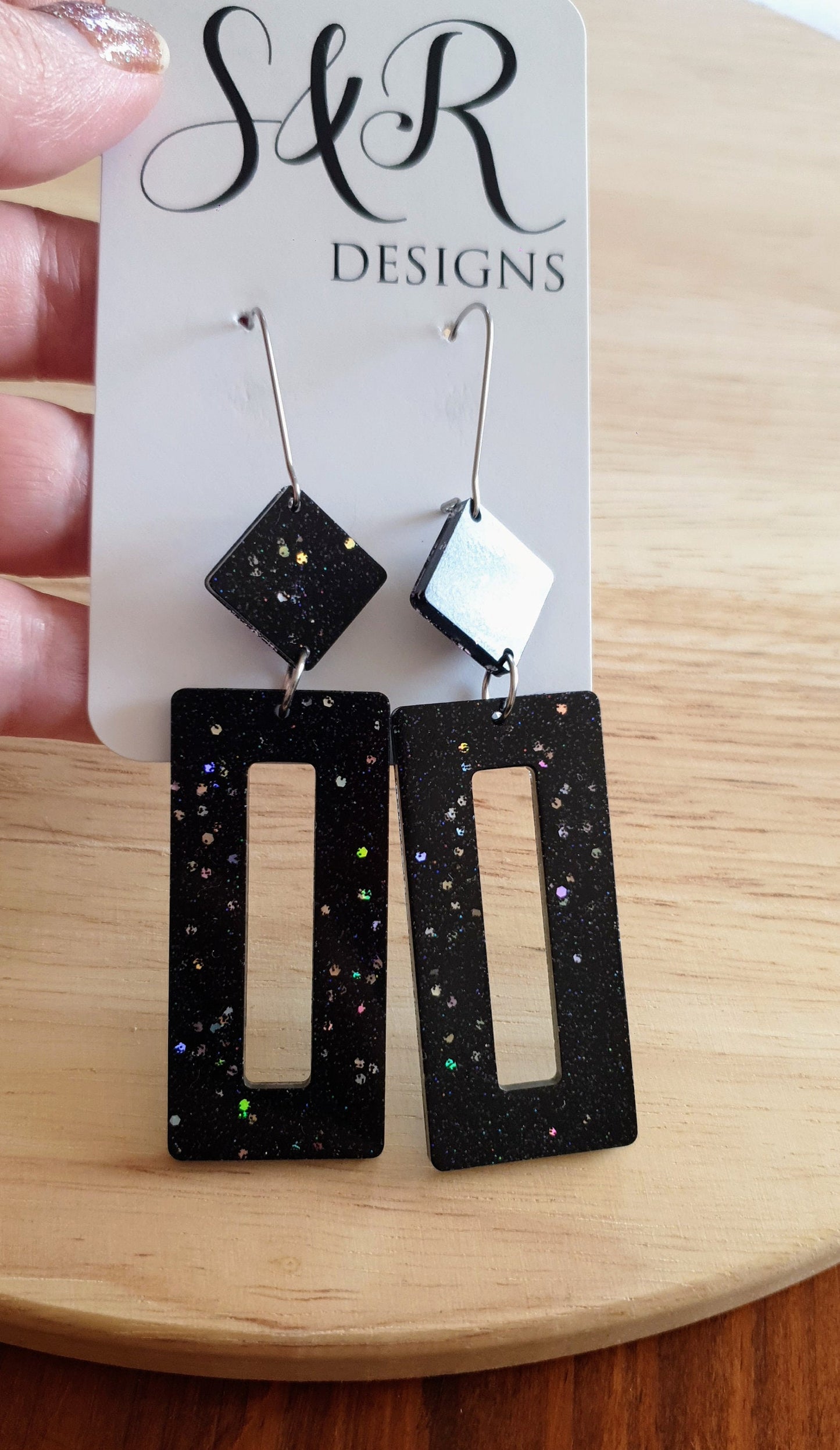 Rectangle Long Dangle Latchback Earwire Earrings, Black Holographic Glitter Resin Dangle, Stainless Steel, Statement Earrings