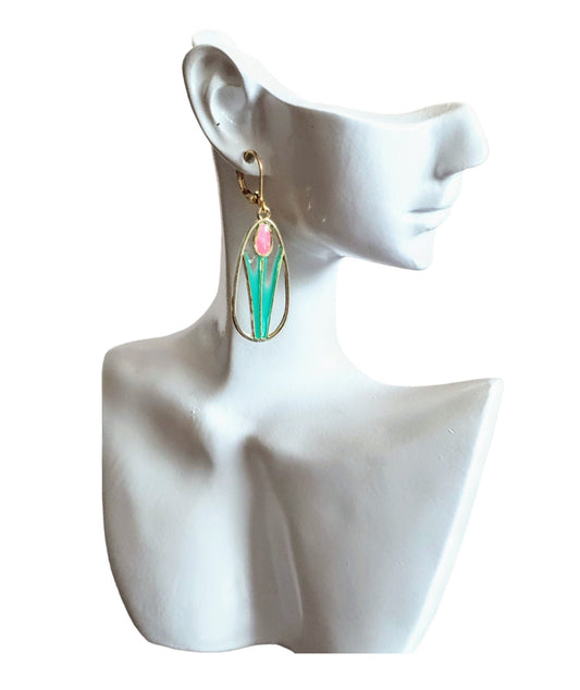 Statement Earrings, Pink Green Tulip Flower Dangle Drop Leaverback Earrings, Handmade Resin Dangles, Stainless Steel