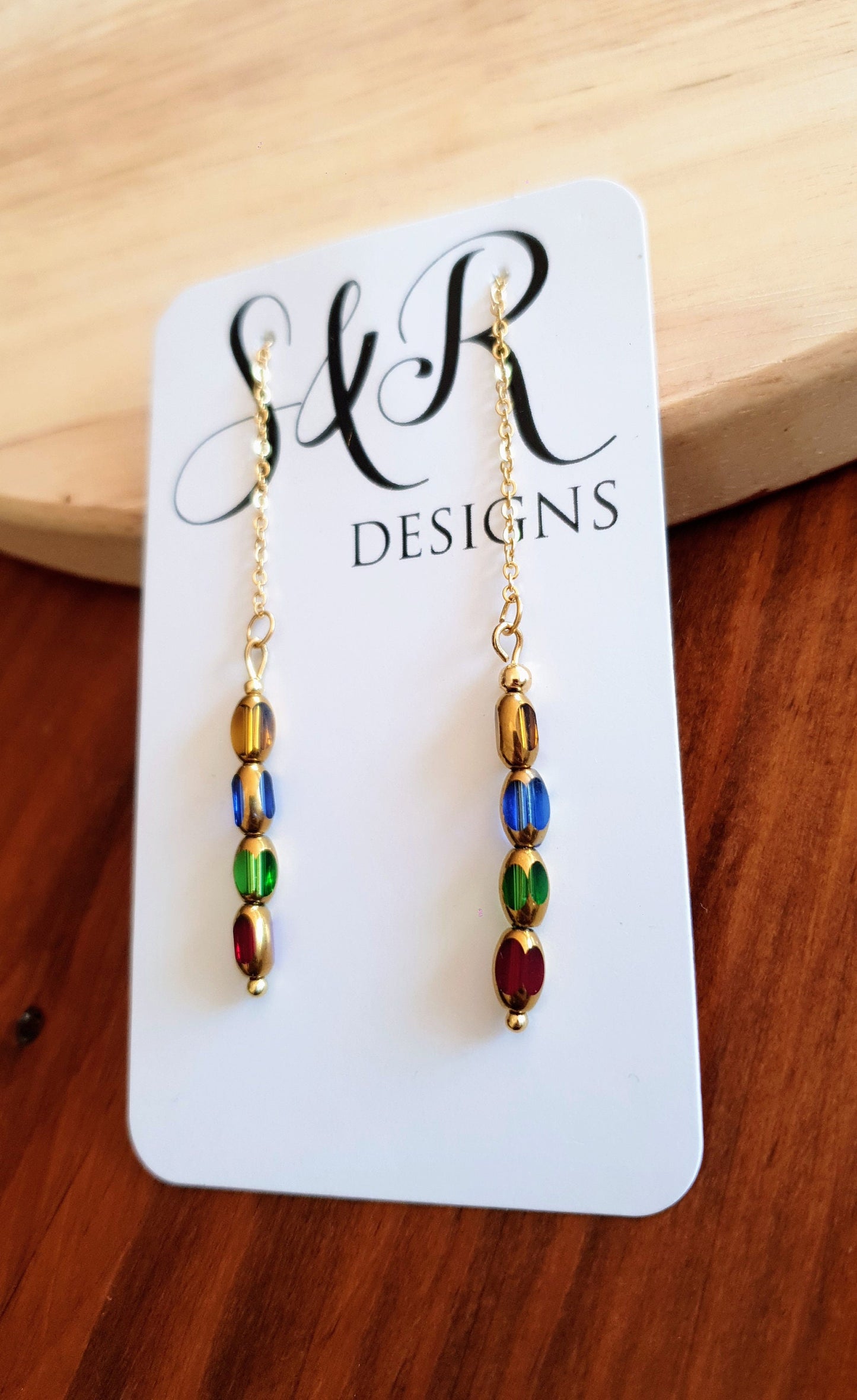 Gold Multicoloured Glass Beaded Threaders Drop Earrings, Stainless Steel with Red Green, Blue and Yellow Gold Glass Beads