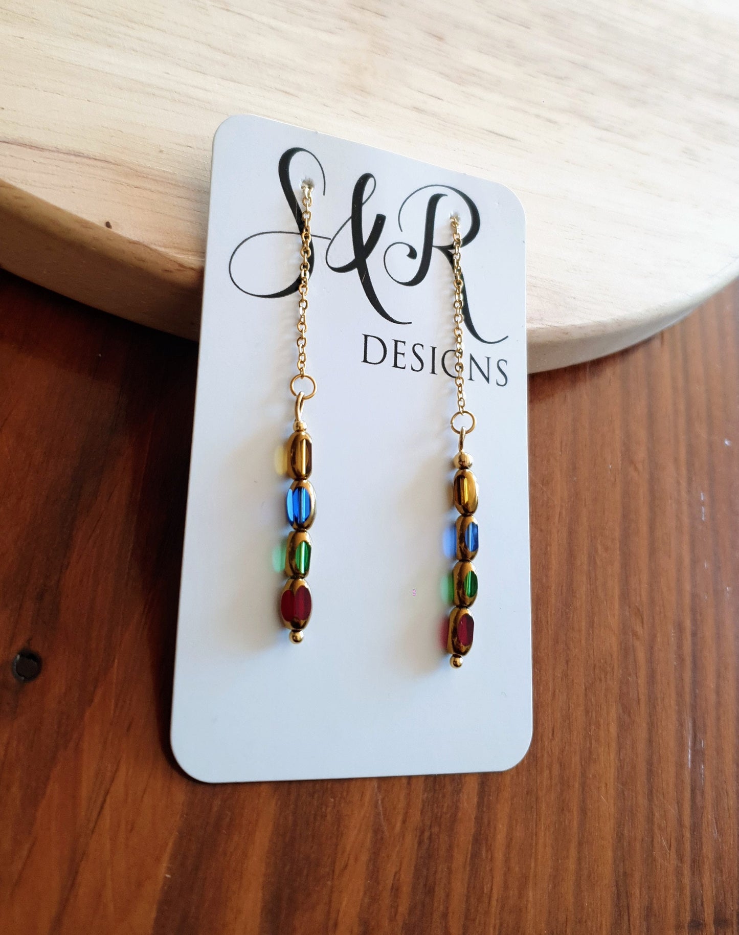 Gold Multicoloured Glass Beaded Threaders Drop Earrings, Stainless Steel with Red Green, Blue and Yellow Gold Glass Beads
