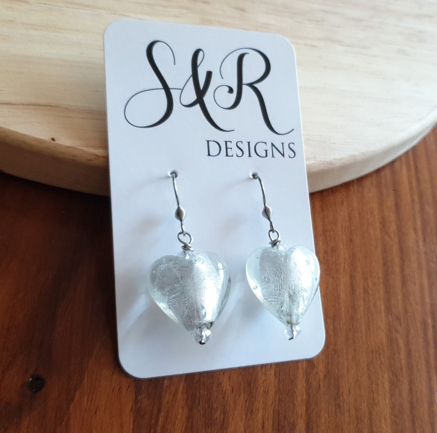 Statement Heart Glass Beaded Earwire Earrings, Stainless Steel Beaded Earwire Dangle Earrings