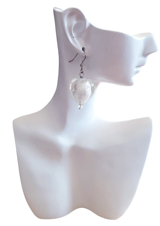 Statement Heart Glass Beaded Earwire Earrings, Stainless Steel Beaded Earwire Dangle Earrings