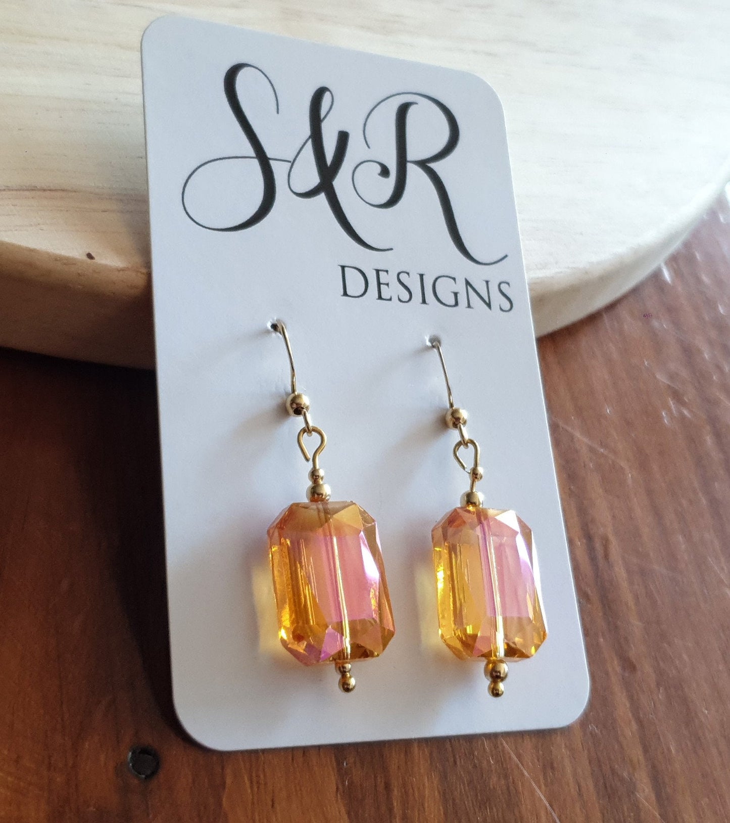 Statement Pink Yellow Rectangle Drop Earrings, Multicoloured Glass Hook Earwire Gold Earrings, Stainless Steel