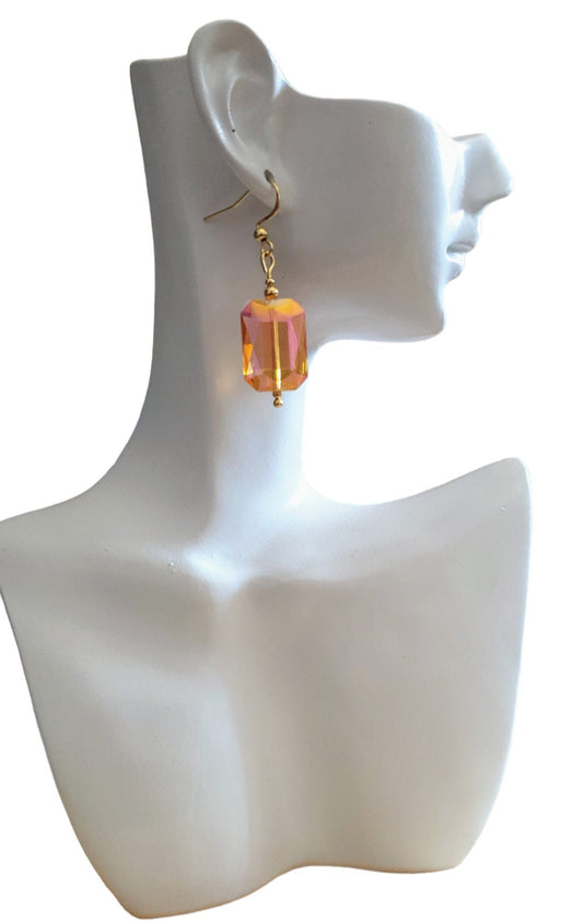 Statement Pink Yellow Rectangle Drop Earrings, Multicoloured Glass Hook Earwire Gold Earrings, Stainless Steel
