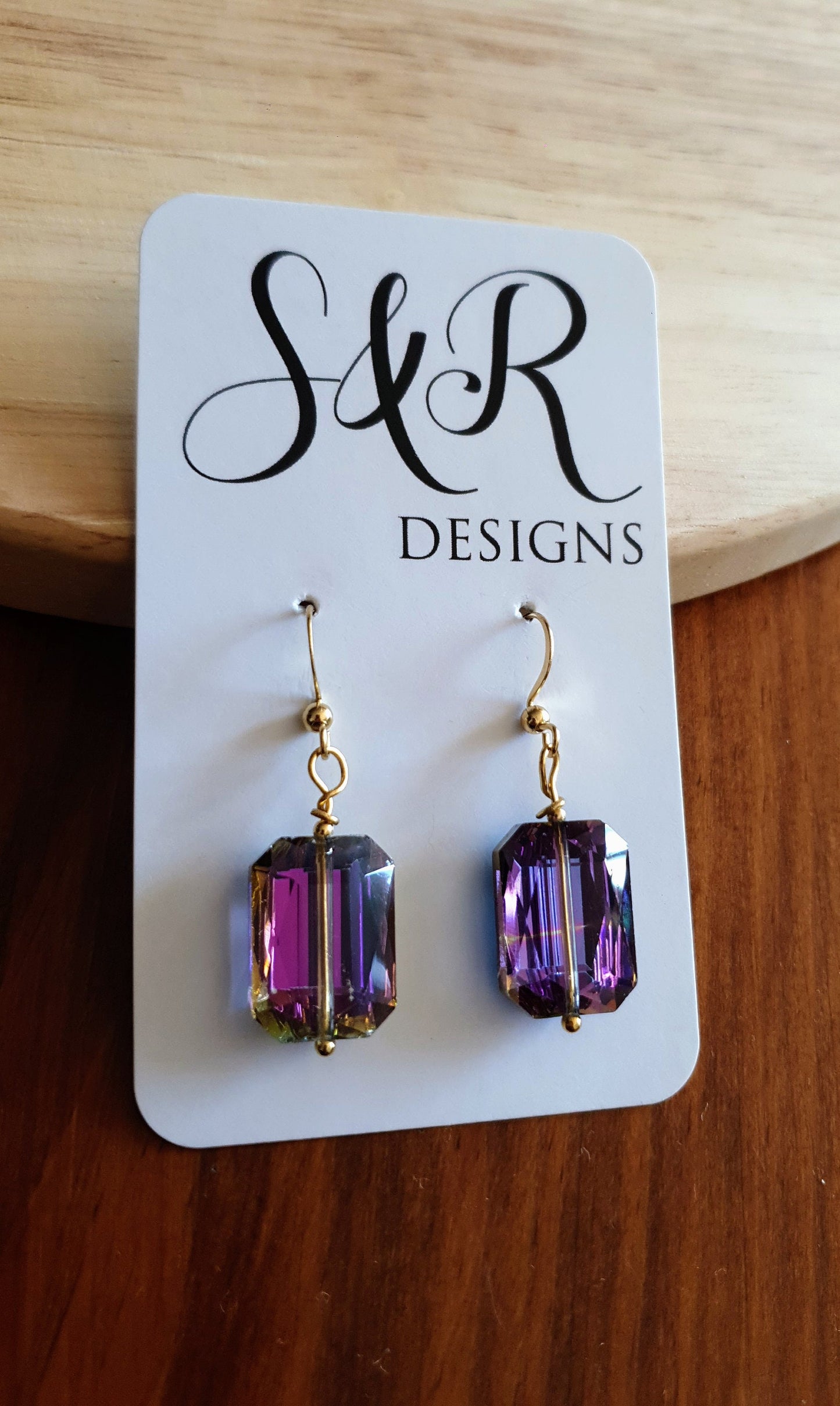 Statement Purple Pink Blue Rectangle Drop Earrings, Multicoloured Glass Hook Earwire Gold Earrings, Stainless Steel
