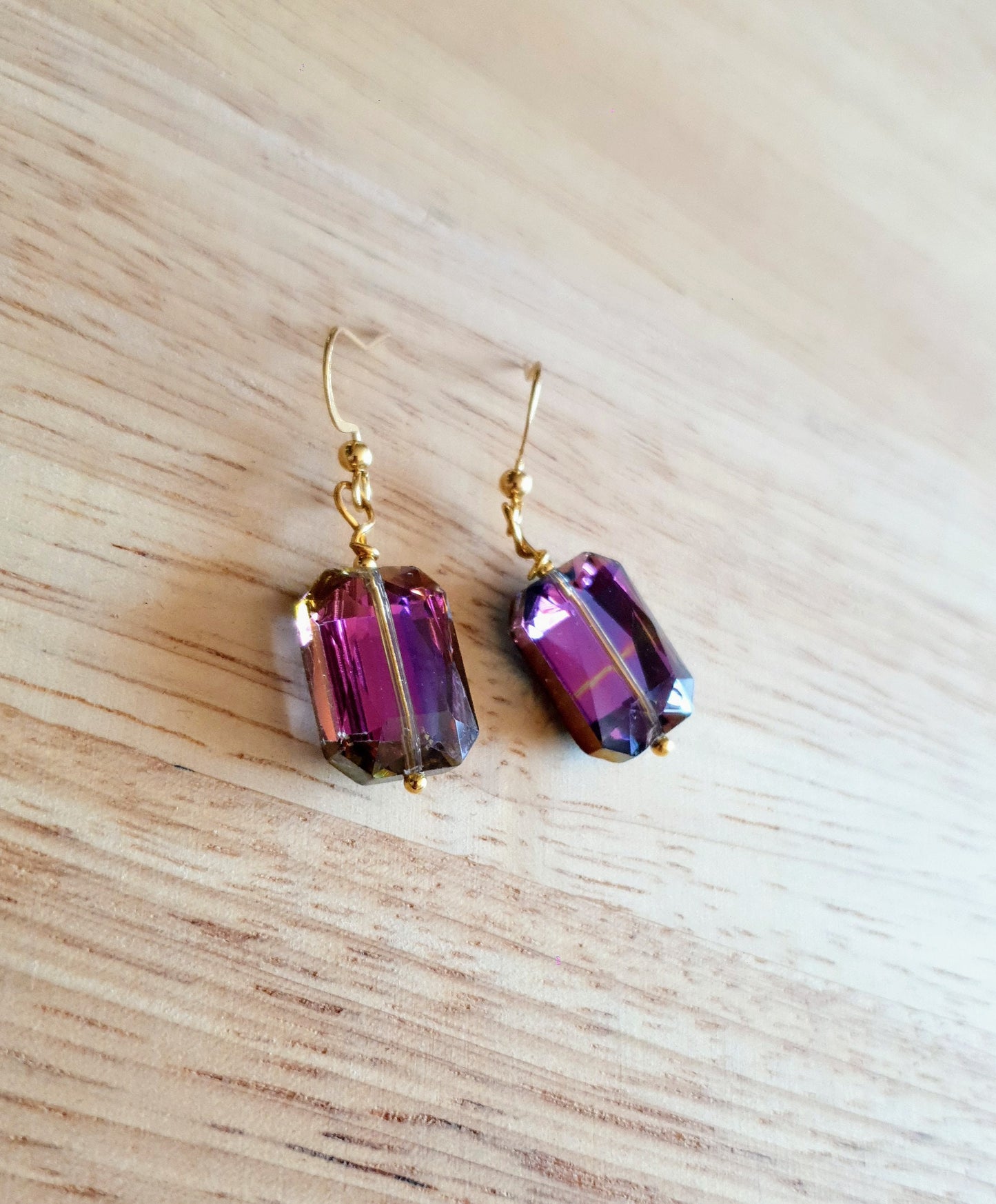 Statement Purple Pink Blue Rectangle Drop Earrings, Multicoloured Glass Hook Earwire Gold Earrings, Stainless Steel