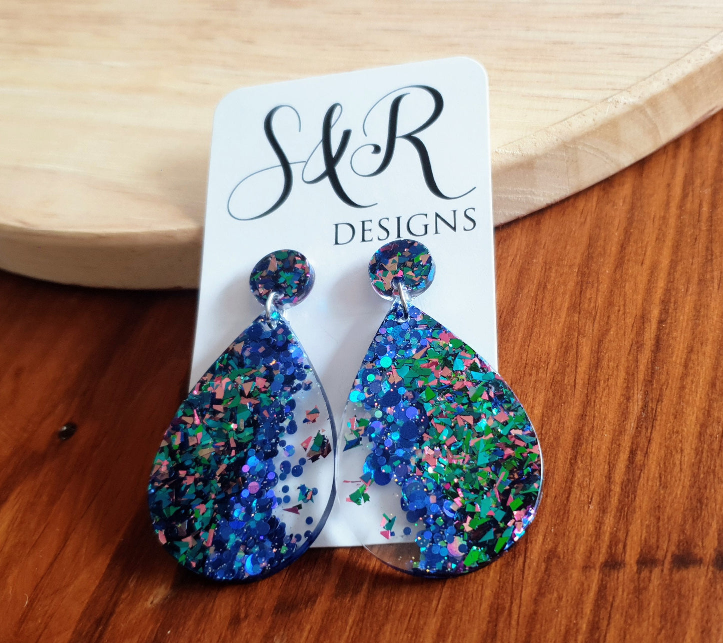 Teardrops Resin Long Multi Electric Blue Teal Pink Mix Earrings, Blue Mix Glitter Resin, Stainless Steel, Statement Earrings