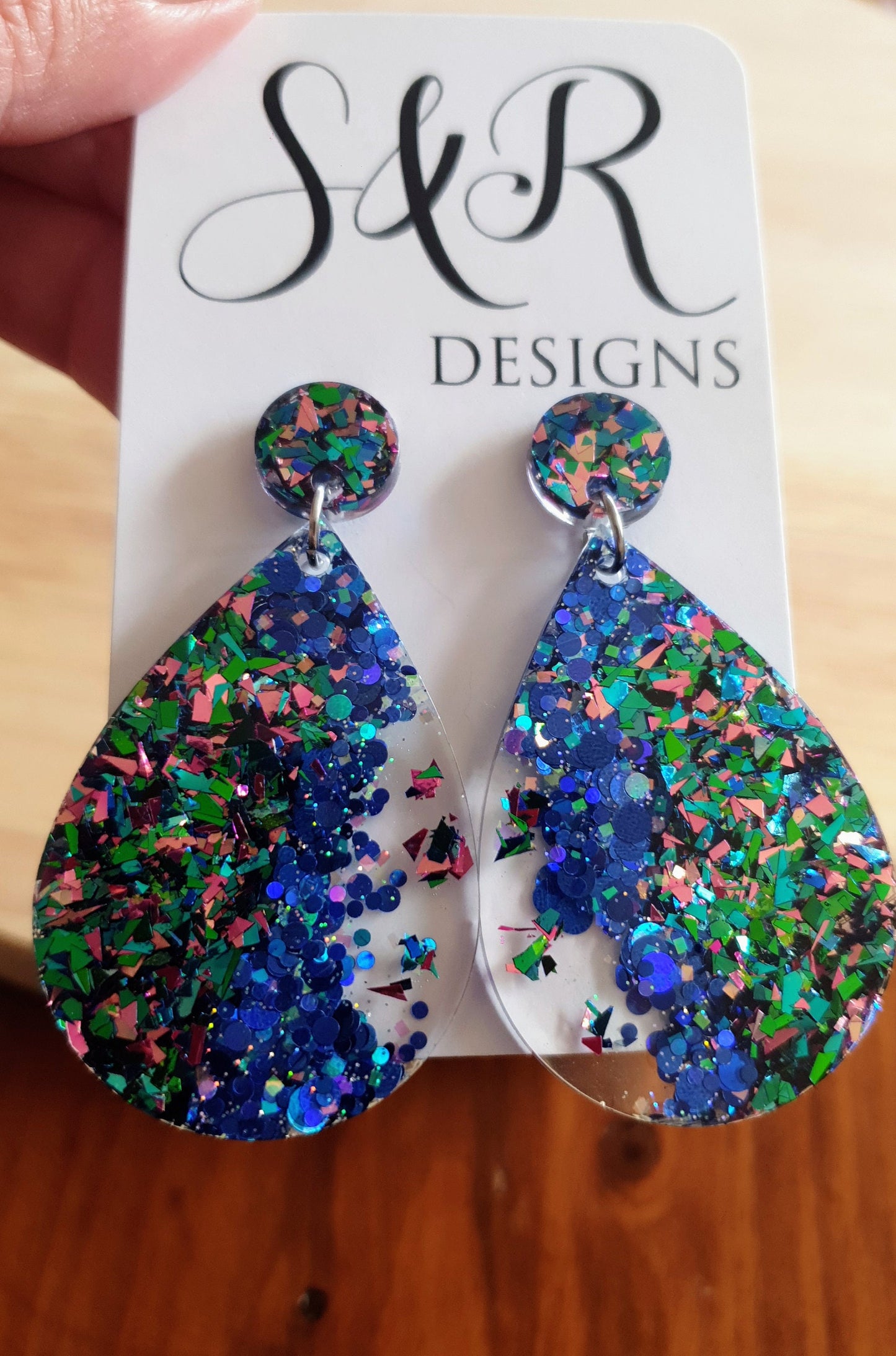 Teardrops Resin Long Multi Electric Blue Teal Pink Mix Earrings, Blue Mix Glitter Resin, Stainless Steel, Statement Earrings