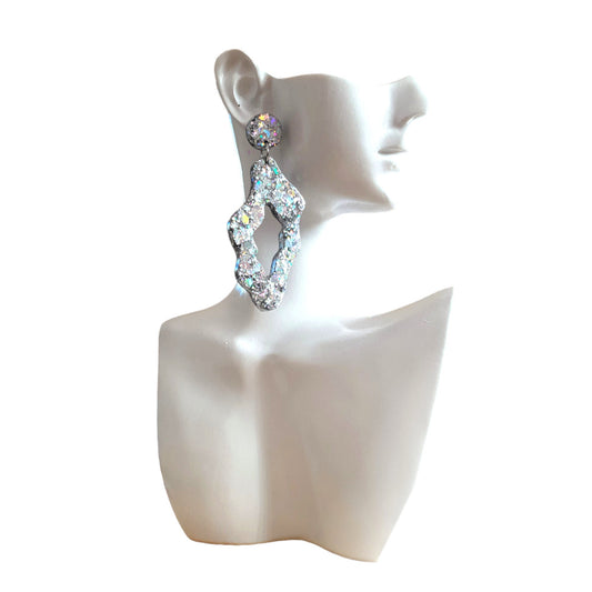Silver Holographic Statement Drop Earrings, Wavy Liquid Shape Dangles, Holographic Glitter, Wave Handmade Resin Earrings