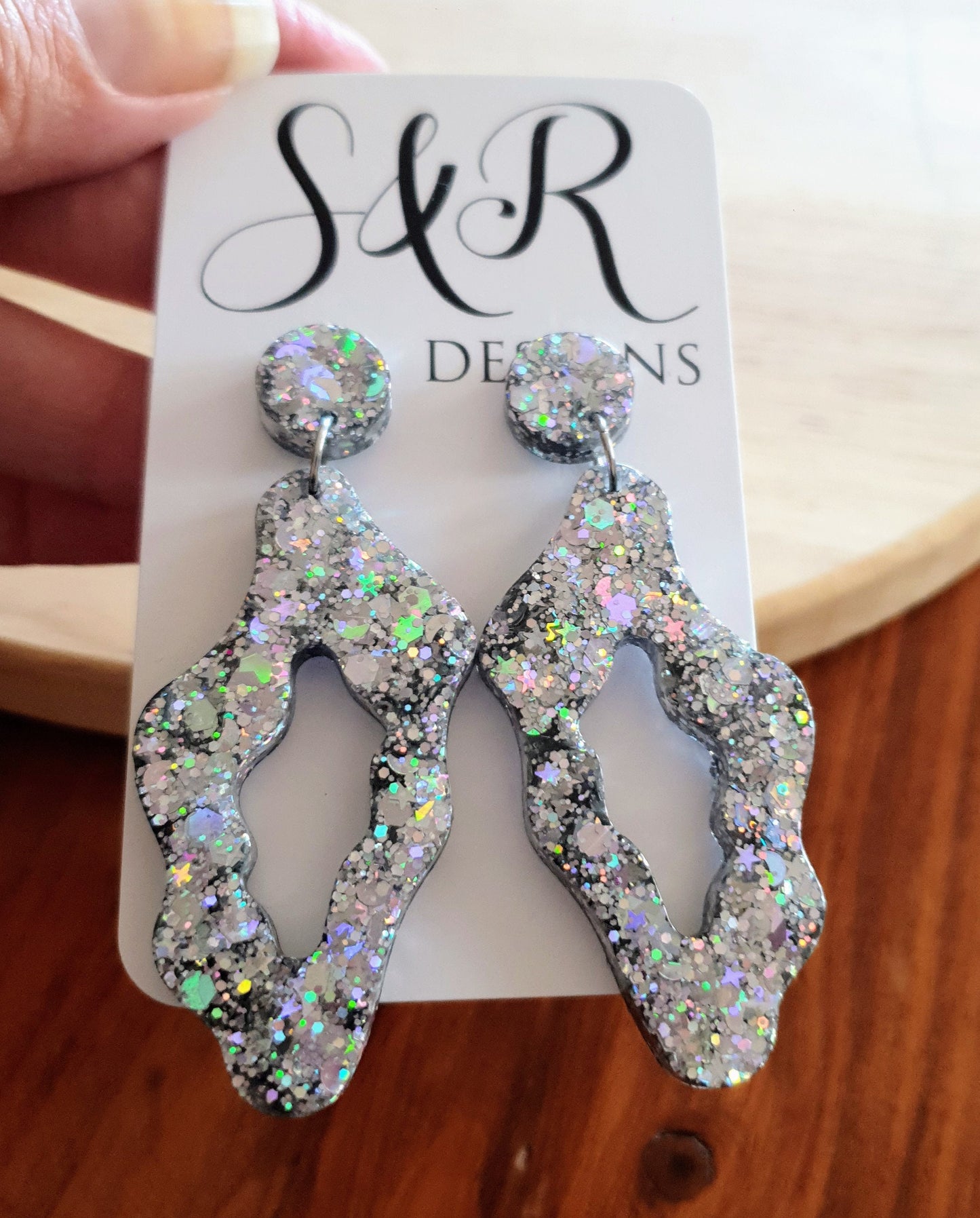 Silver Holographic Statement Drop Earrings, Wavy Liquid Shape Dangles, Holographic Glitter, Wave Handmade Resin Earrings
