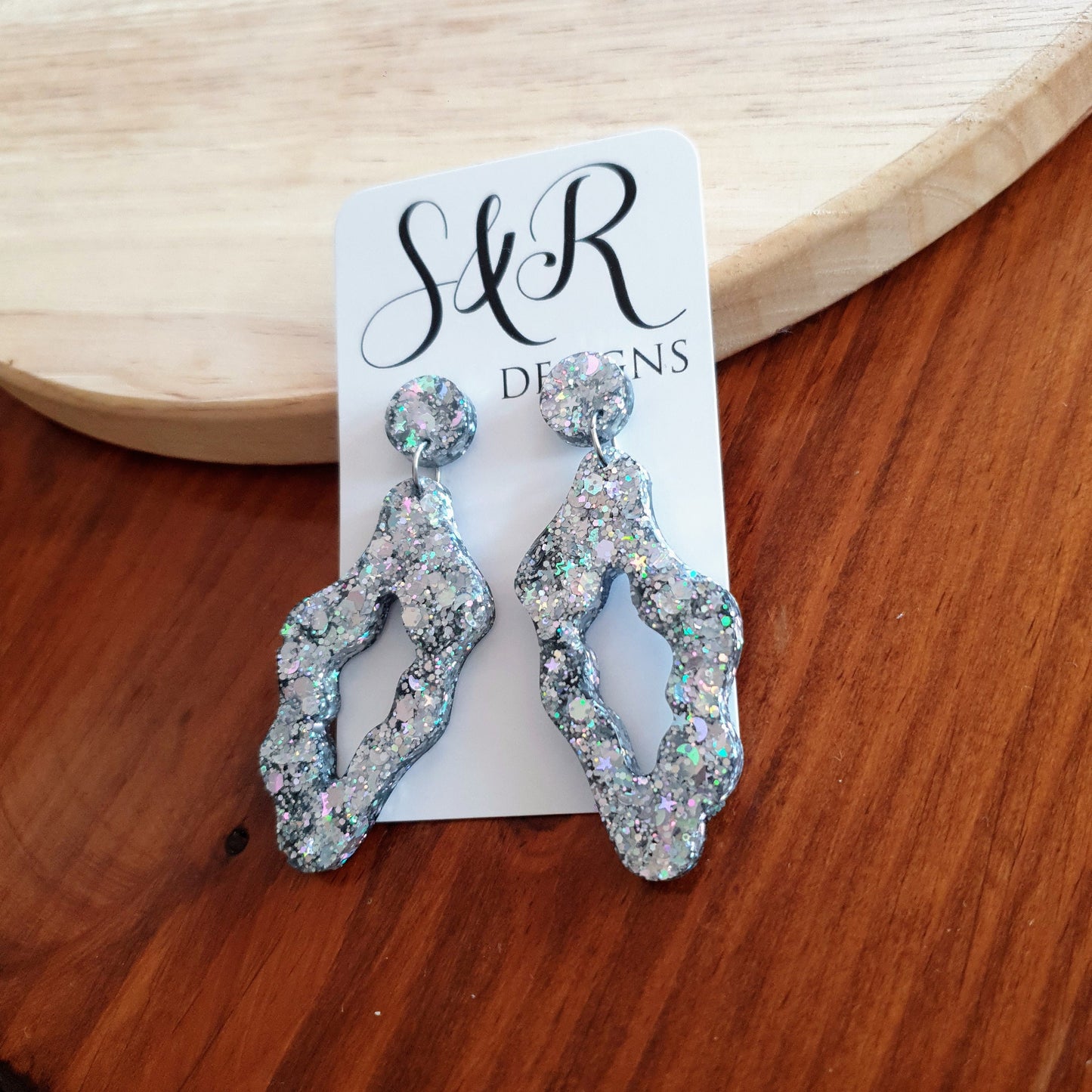 Silver Holographic Statement Drop Earrings, Wavy Liquid Shape Dangles, Holographic Glitter, Wave Handmade Resin Earrings