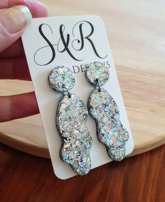 Silver Wave Liquid Shape Dangle Drop Earrings, Silver Holographic Mix Glitter, Statement Handmade Resin Earrings