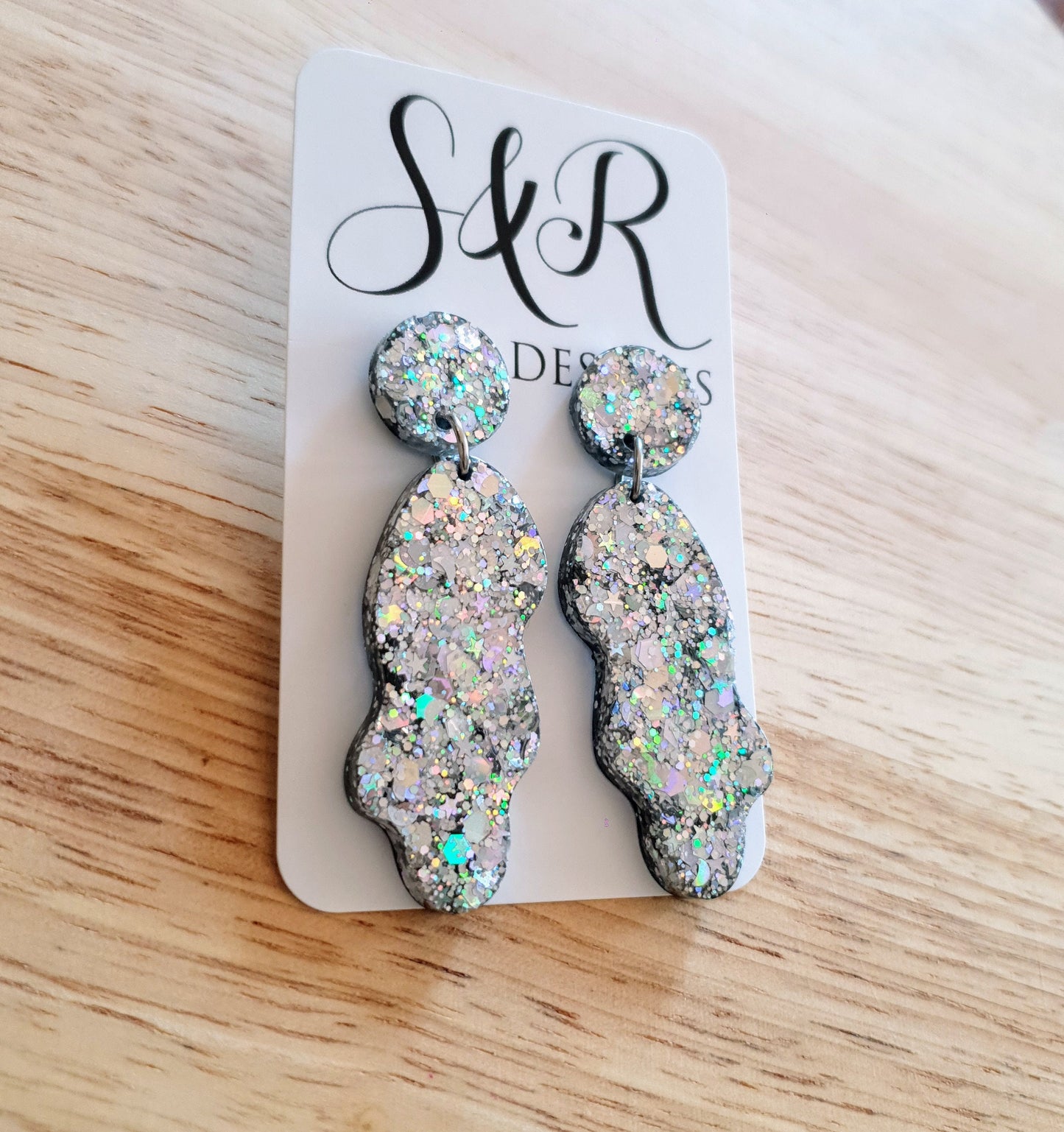Silver Wave Liquid Shape Dangle Drop Earrings, Silver Holographic Mix Glitter, Statement Handmade Resin Earrings