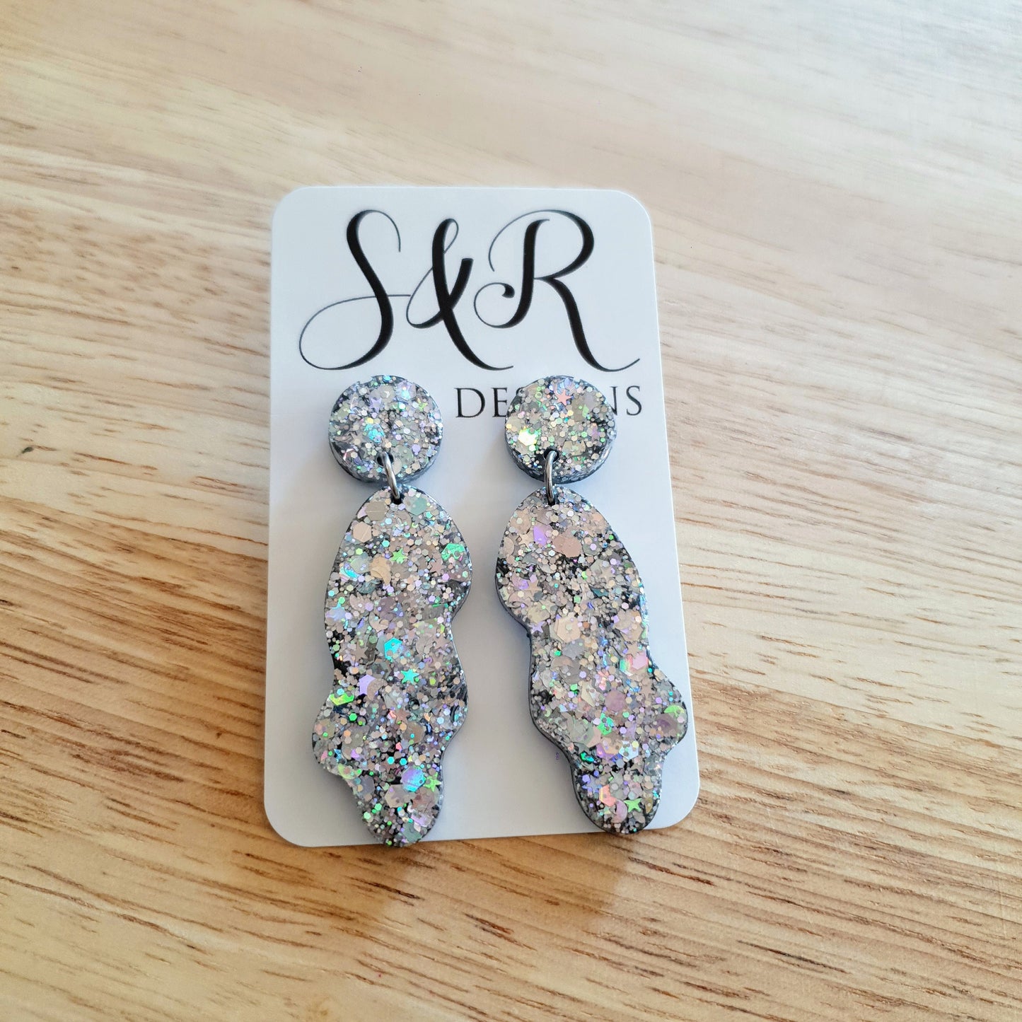 Silver Wave Liquid Shape Dangle Drop Earrings, Silver Holographic Mix Glitter, Statement Handmade Resin Earrings