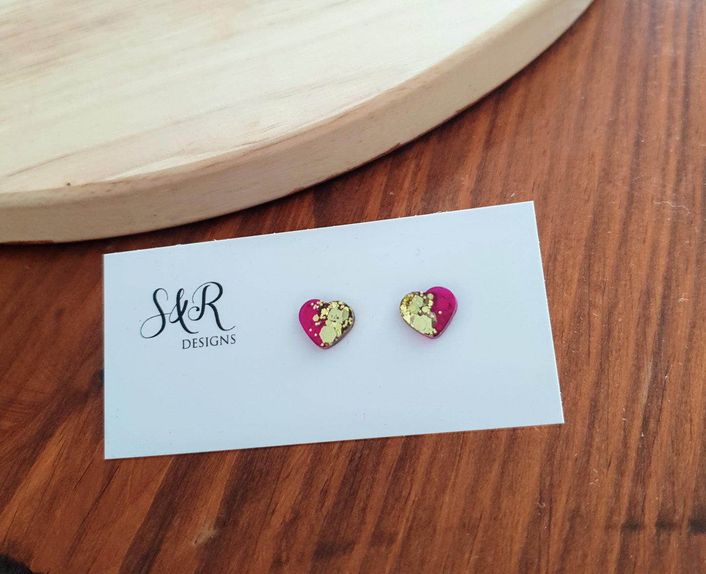 Heart Stud Earrings, Gold and Pink arising Handmade Studs. Stainless Steel Minimalist Studs. Personalise your earrings to suit you or gift.