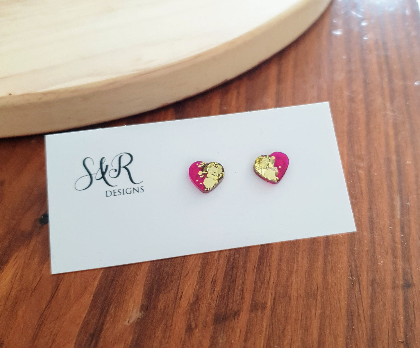 Heart Stud Earrings, Gold and Pink arising Handmade Studs. Stainless Steel Minimalist Studs. Personalise your earrings to suit you or gift.