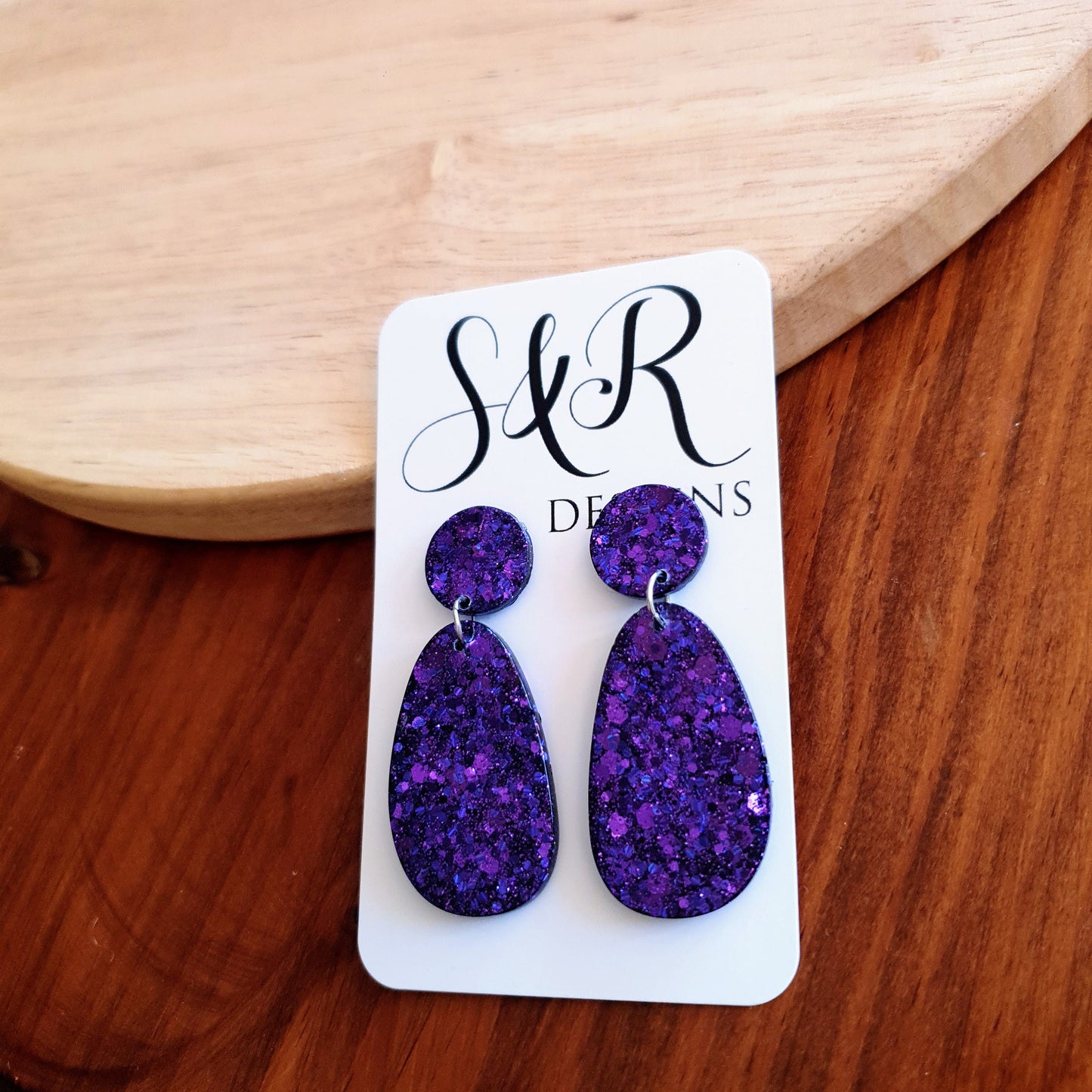 Statement Oval Organic Shape Drop Earrings, Purple Mix Glitter Resin Handmade Earrings, Stainless Steel. Personalised Gift Custom Colours