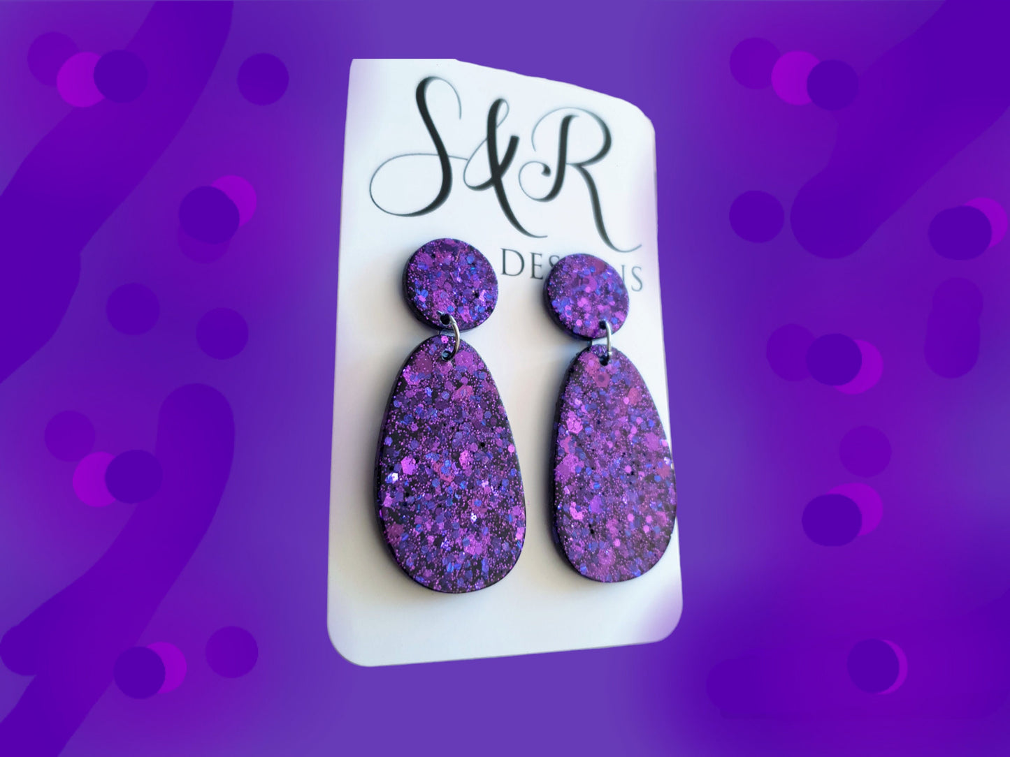Statement Oval Organic Shape Drop Earrings, Purple Mix Glitter Resin Handmade Earrings, Stainless Steel. Personalised Gift Custom Colours
