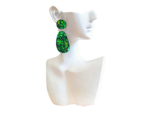 Statement Oval Organic Shape Drop Earrings, Green Blue Changing Glitter, Resin Handmade, Stainless Steel. Personalised Gift Custom Colours