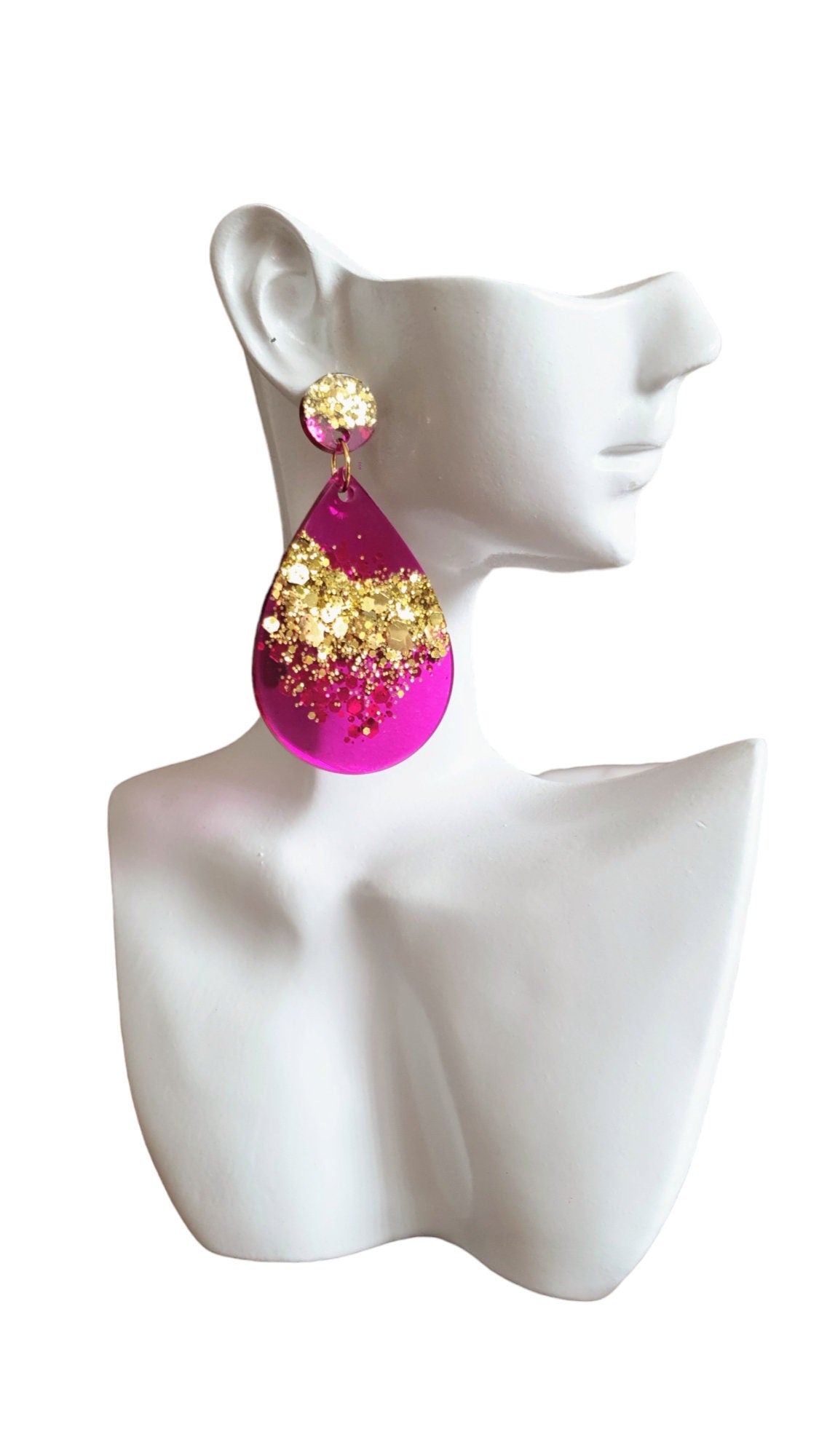 Teardrops Pink Magenta Gold Drop Earrings, Pink with Gold Glitter Resin Dangles, Stainless Steel, Statement Handmade Earrings