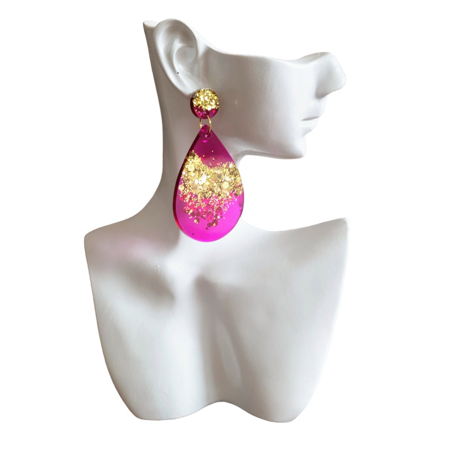 Teardrops Pink Magenta Gold Drop Earrings, Pink with Gold Glitter Resin Dangles, Stainless Steel, Statement Handmade Earrings