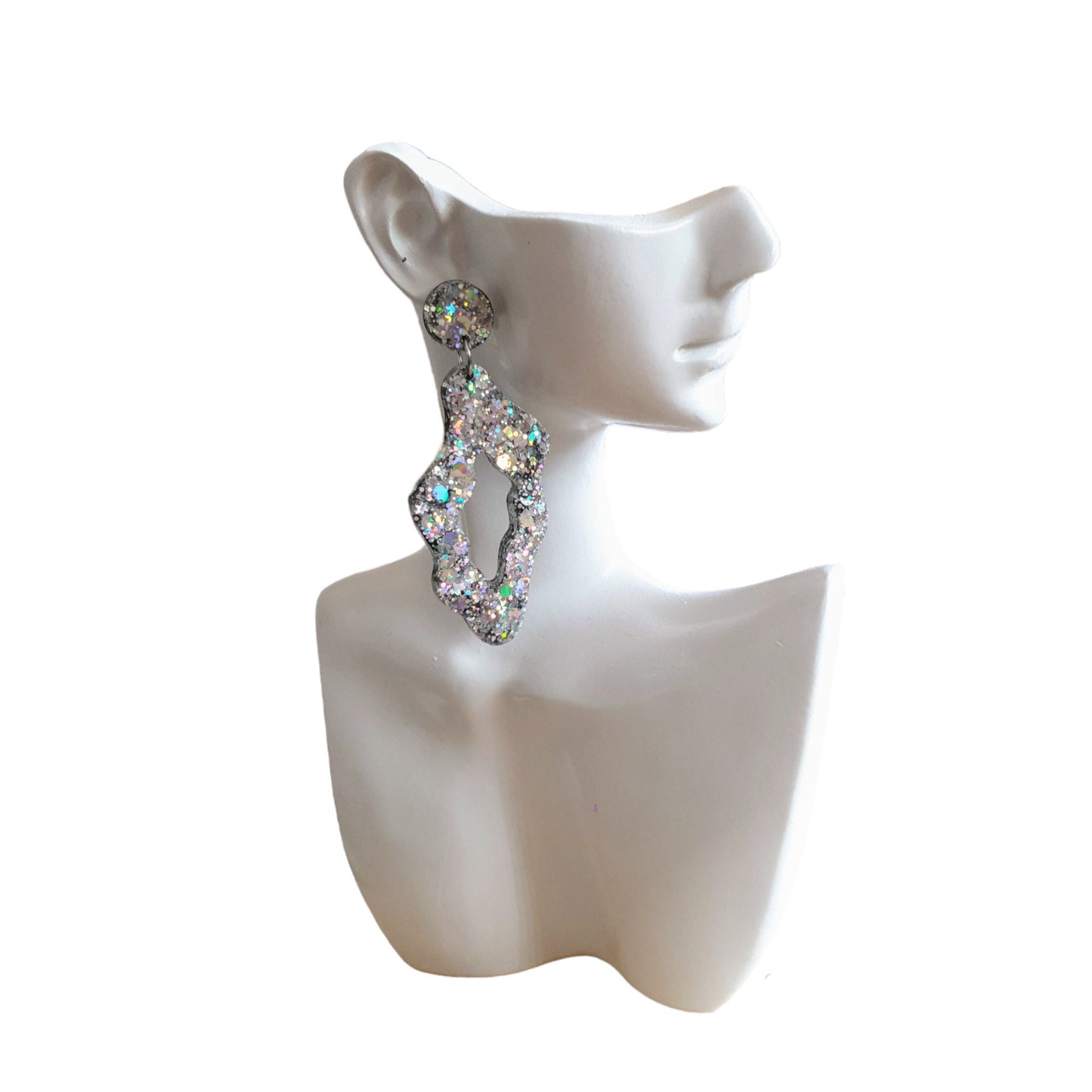 Silver Holographic Statement Drop Earrings, Wavy Liquid Shape Dangles, Holographic Glitter, Wave Handmade Resin Earrings