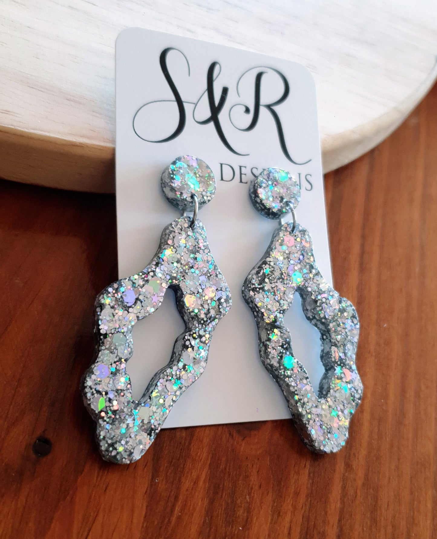 Silver Holographic Statement Drop Earrings, Wavy Liquid Shape Dangles, Holographic Glitter, Wave Handmade Resin Earrings