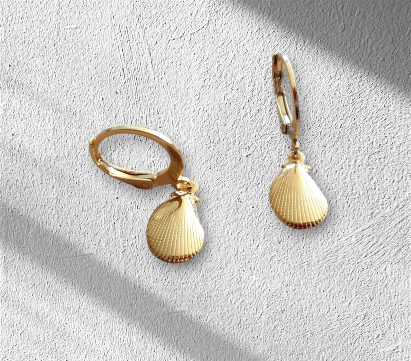 Gold Shell Earrings, Gold Stainless Steel Dangle Drops, Choose Leverback or Hook Earwire Earrings.