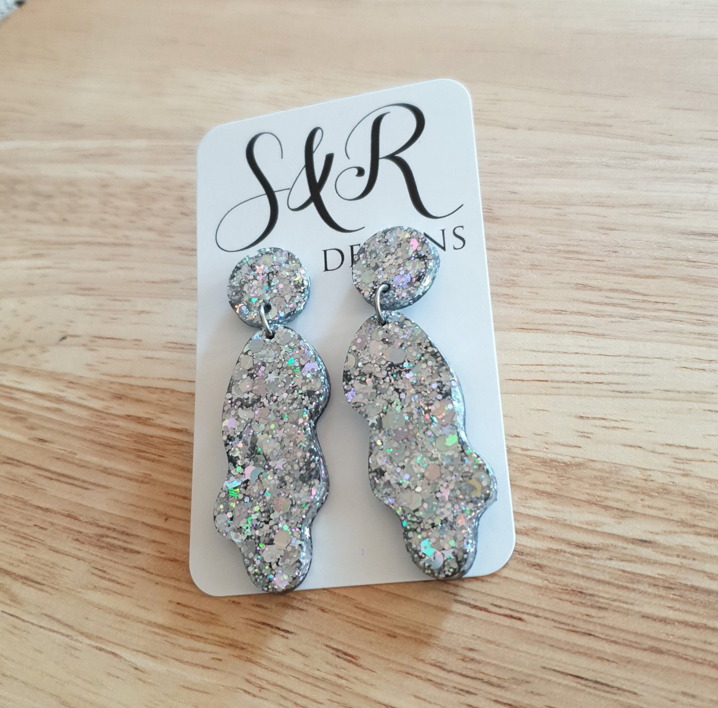 Silver Wave Liquid Shape Dangle Drop Earrings, Silver Holographic Mix Glitter, Statement Handmade Resin Earrings