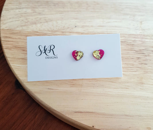 Heart Stud Earrings, Gold and Pink arising Handmade Studs. Stainless Steel Minimalist Studs. Personalise your earrings to suit you or gift.