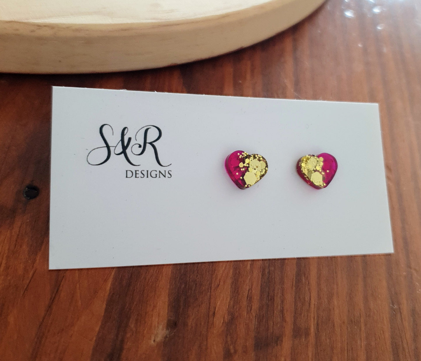 Heart Stud Earrings, Gold and Pink arising Handmade Studs. Stainless Steel Minimalist Studs. Personalise your earrings to suit you or gift.