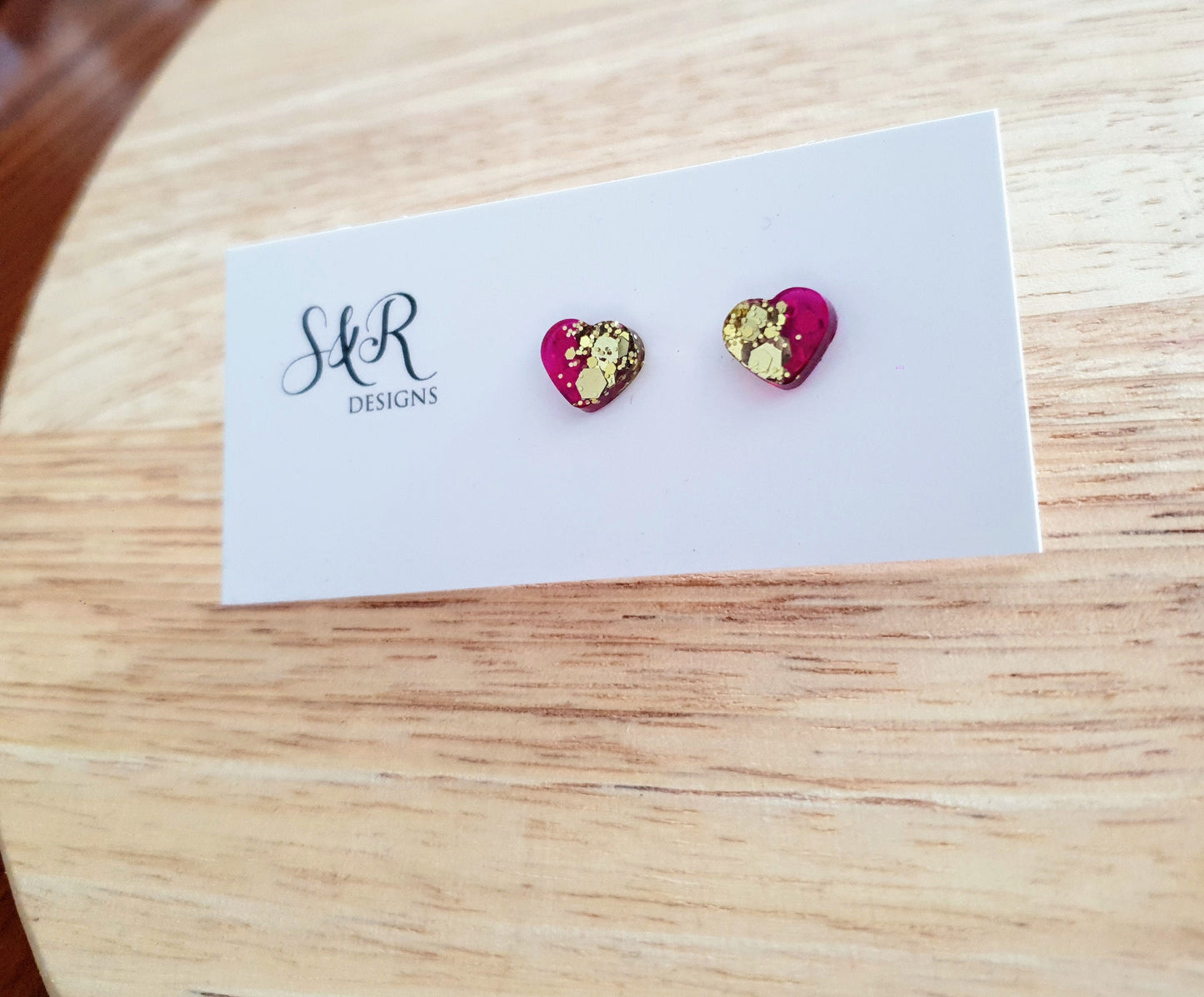 Heart Stud Earrings, Gold and Pink arising Handmade Studs. Stainless Steel Minimalist Studs. Personalise your earrings to suit you or gift.