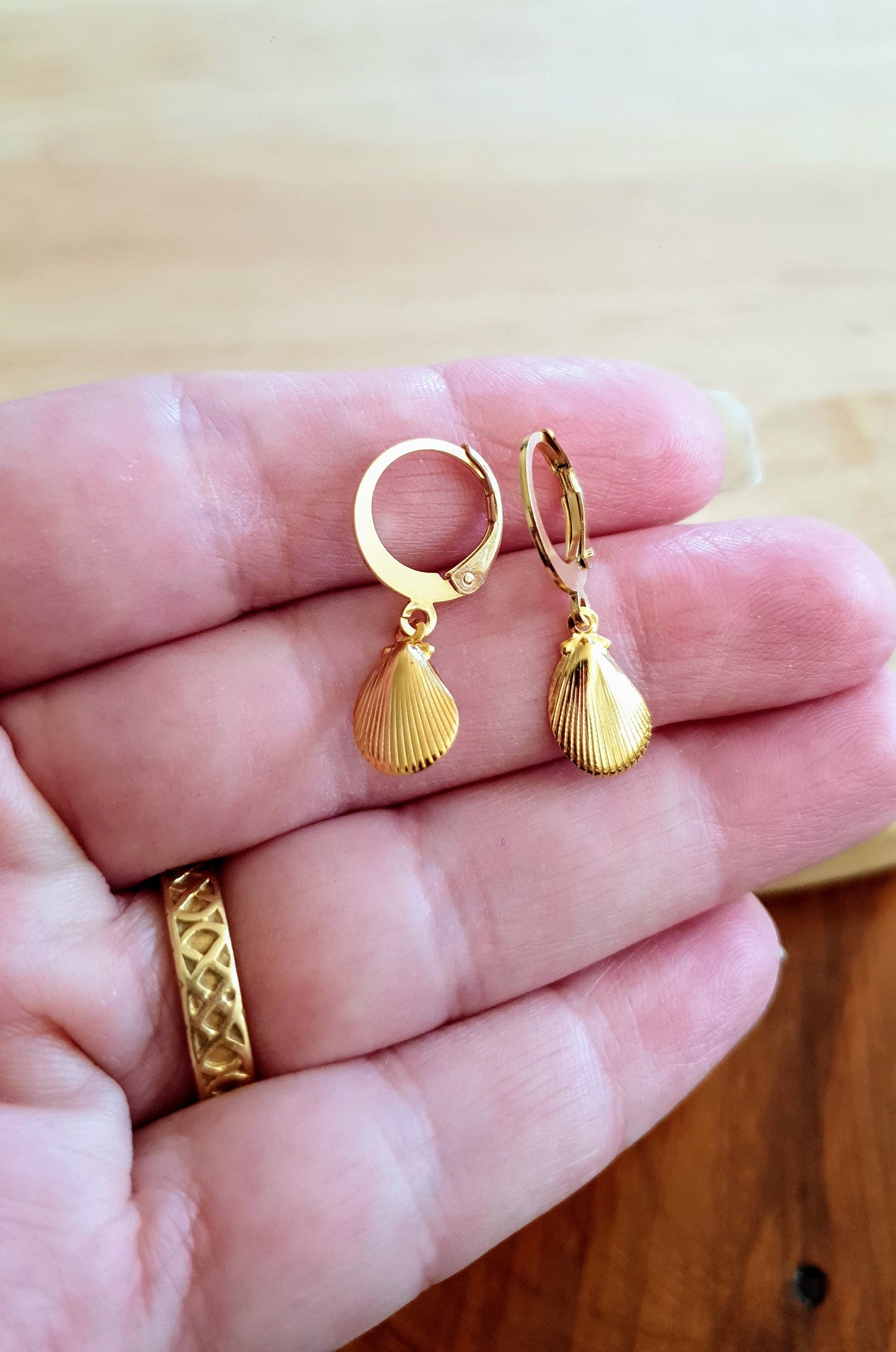 Gold Shell Earrings, Gold Stainless Steel Dangle Drops, Choose Leverback or Hook Earwire Earrings.
