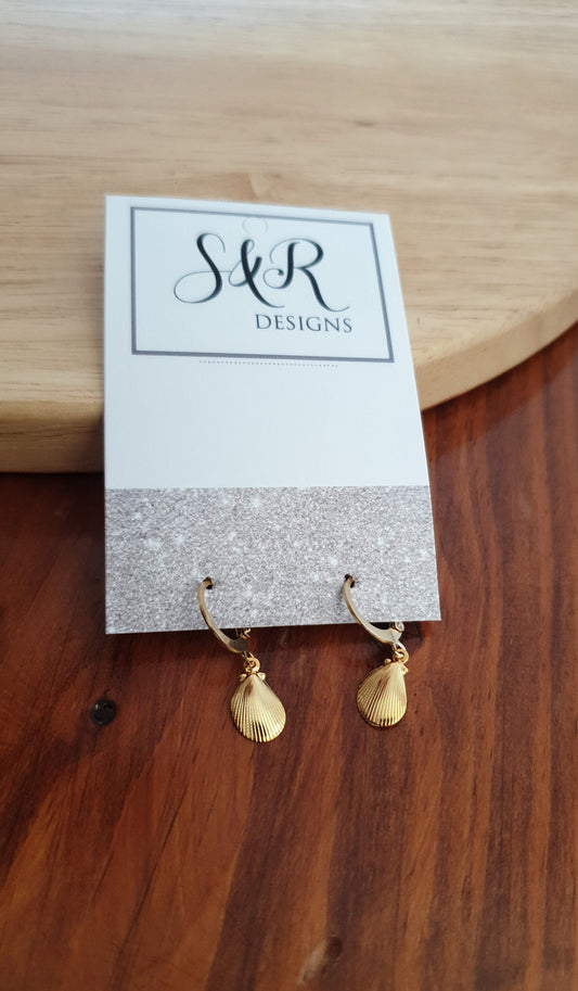 Gold Shell Earrings, Gold Stainless Steel Dangle Drops, Choose Leverback or Hook Earwire Earrings.