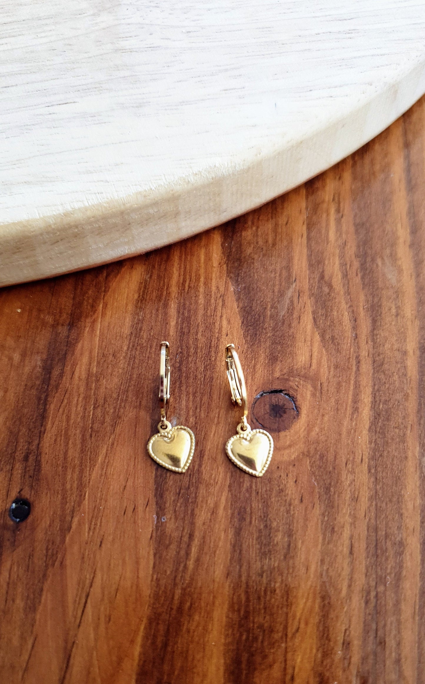Gold Heart Earrings, Minimalist Heart Drop Earrings, Gold Stainless Steel Dangle Drops, Choose Leverback or Hook Earwire Earrings.