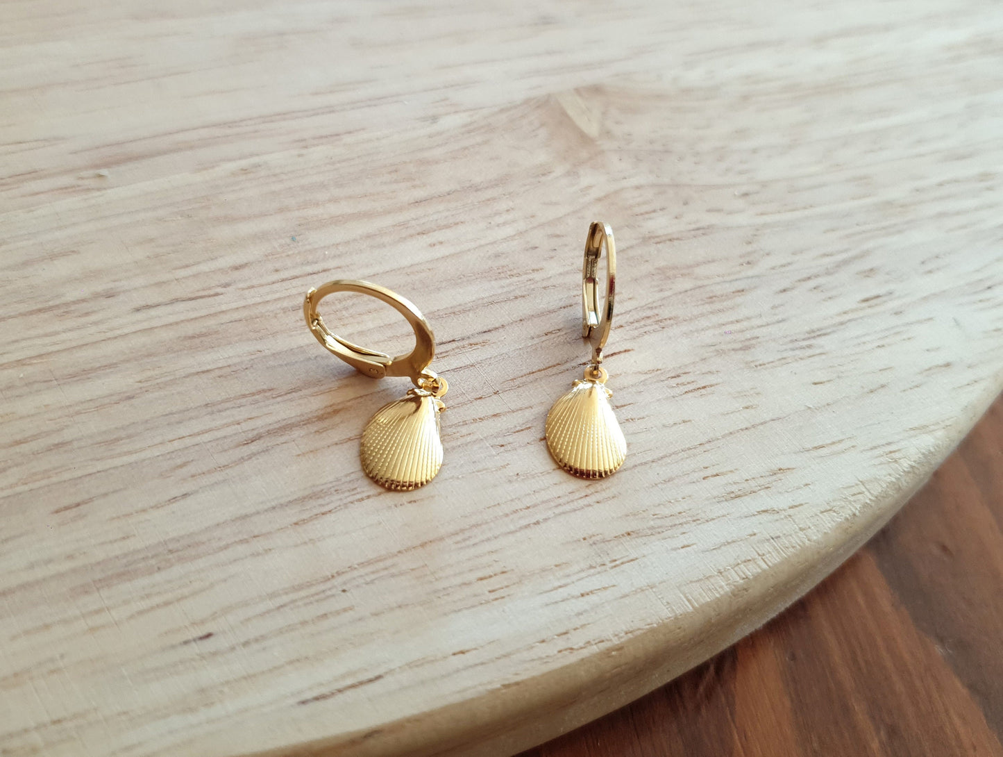 Gold Beach Earrings, Minimalist Shell Drop Earrings, Gold Stainless Steel Dangle Drops, Choose Leverback or Hook Earwire Earrings.