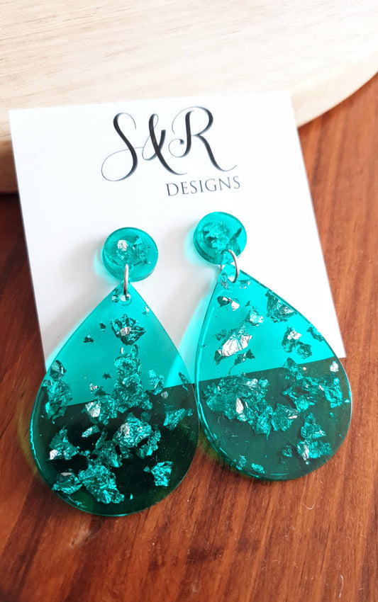 Teardrop Dangle Silver Leaf Earrings, Green with Silver Leaf Resin Drop Dangles, Stainless Steel, Statement Handmade Gift.