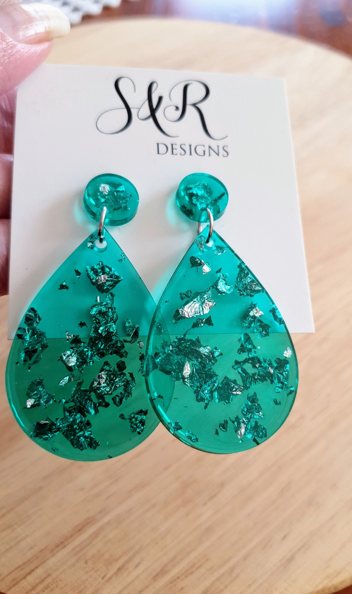 Teardrop Dangle Silver Leaf Earrings, Green with Silver Leaf Resin Drop Dangles, Stainless Steel, Statement Handmade Gift.