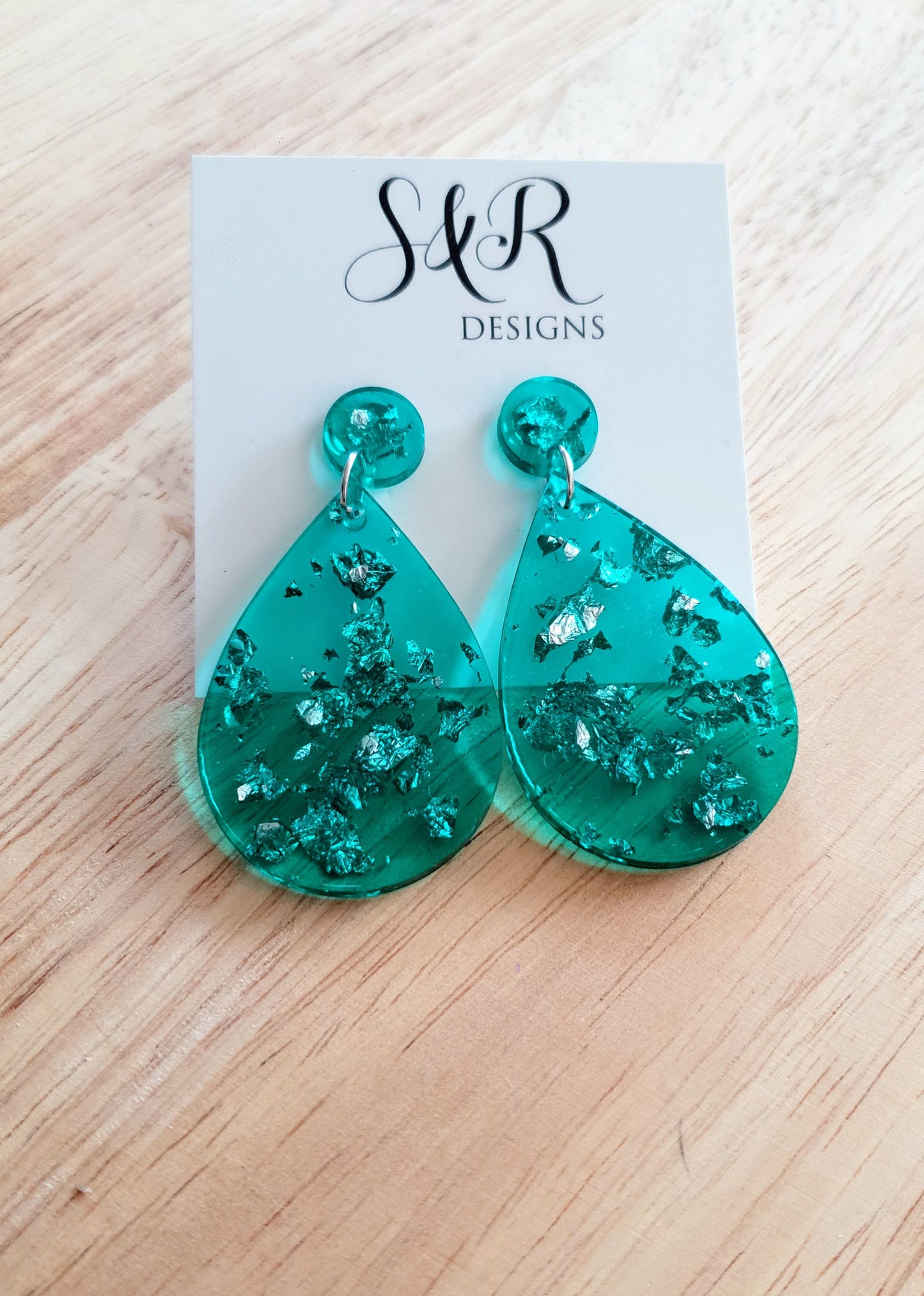 Teardrop Dangle Silver Leaf Earrings, Green with Silver Leaf Resin Drop Dangles, Stainless Steel, Statement Handmade Gift.