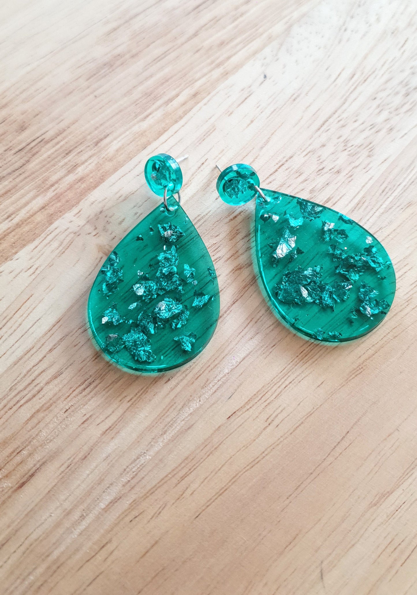 Teardrop Dangle Silver Leaf Earrings, Green with Silver Leaf Resin Drop Dangles, Stainless Steel, Statement Handmade Gift.