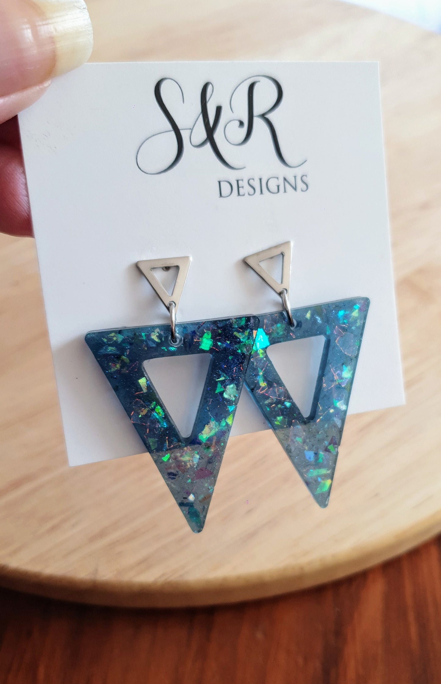 Blue Opal Design Triangle Dangle Earrings, Blue Mixed Glitter Resin Triangles, Stainless Steel Earrings, Statement Gift Earrings