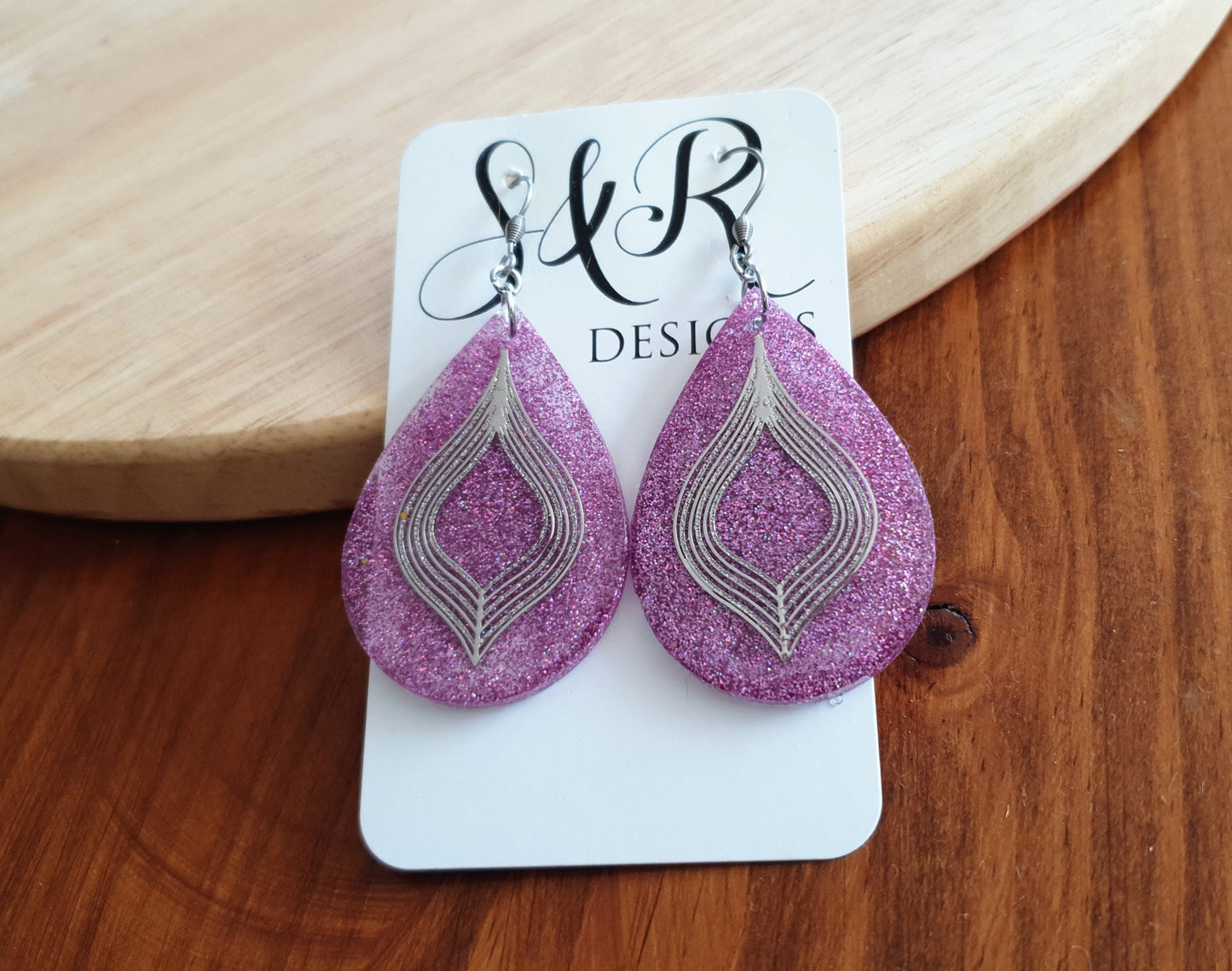 Pricilla Pink Teardrop Dangle Silver Earrings, Holographic with Silver Filigree Resin Drop Dangles, Stainless Steel, Statement Handmade Gift