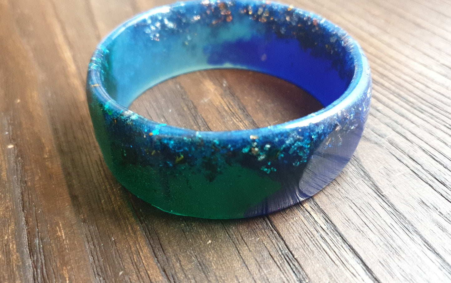 Blue Wide Resin Glitter Bangle, Blue, Aqua  Green Resin with Silver and Rosegold Leaf. Handmade Bangle 67mm inner diameter