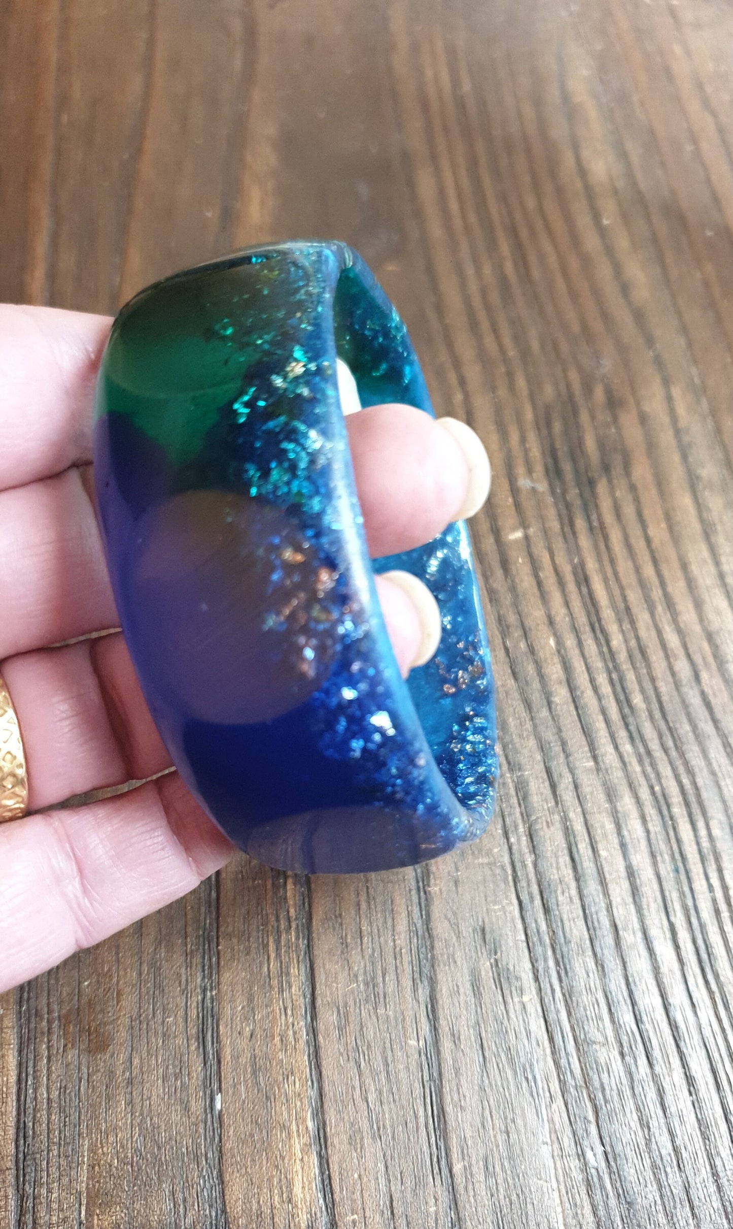 Blue Wide Resin Glitter Bangle, Blue, Aqua  Green Resin with Silver and Rosegold Leaf. Handmade Bangle 67mm inner diameter