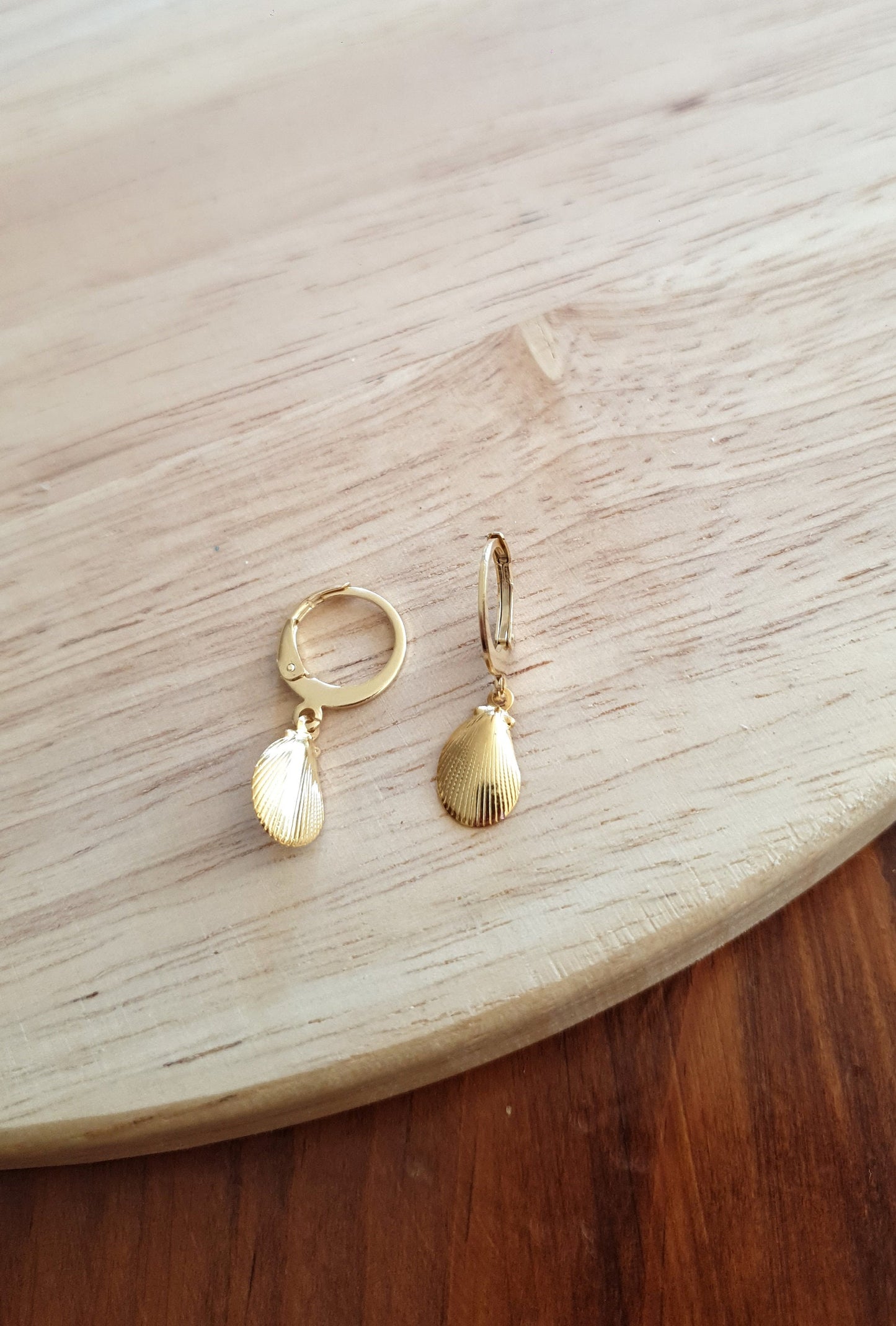 Gold Beach Earrings, Minimalist Shell Drop Earrings, Gold Stainless Steel Dangle Drops, Choose Leverback or Hook Earwire Earrings.