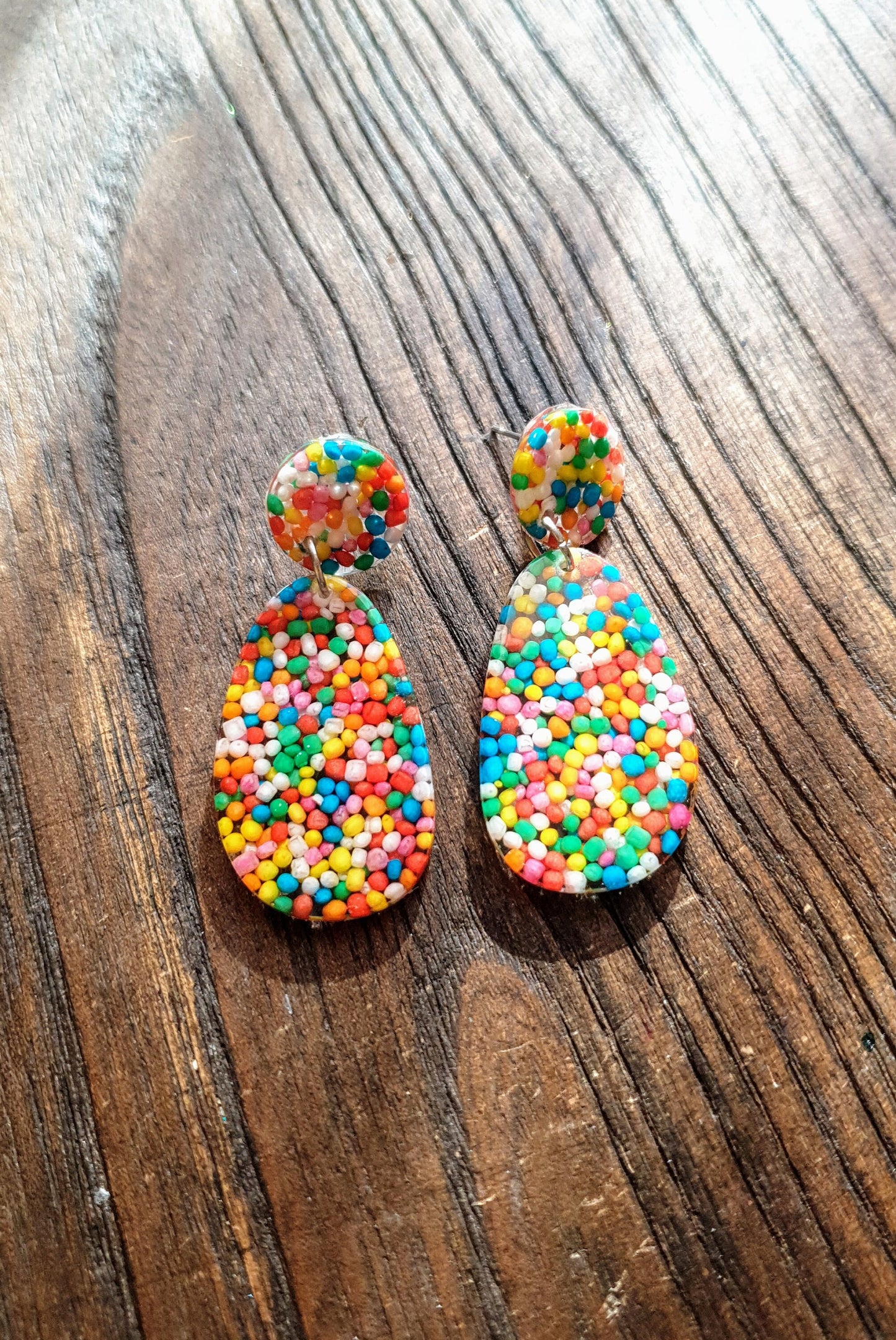 Statement Oval Organic Shape Drop Earrings, 100s and 1000s Multicoloured, Resin Handmade, Stainless Steel. Personalised Gift Custom Colours