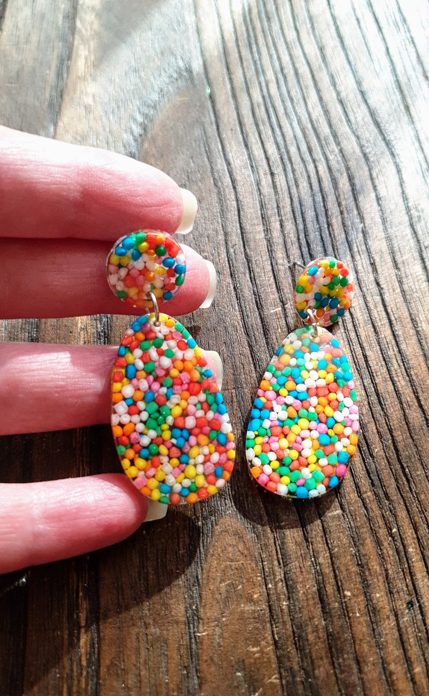 Statement Oval Organic Shape Drop Earrings, 100s and 1000s Multicoloured, Resin Handmade, Stainless Steel. Personalised Gift Custom Colours