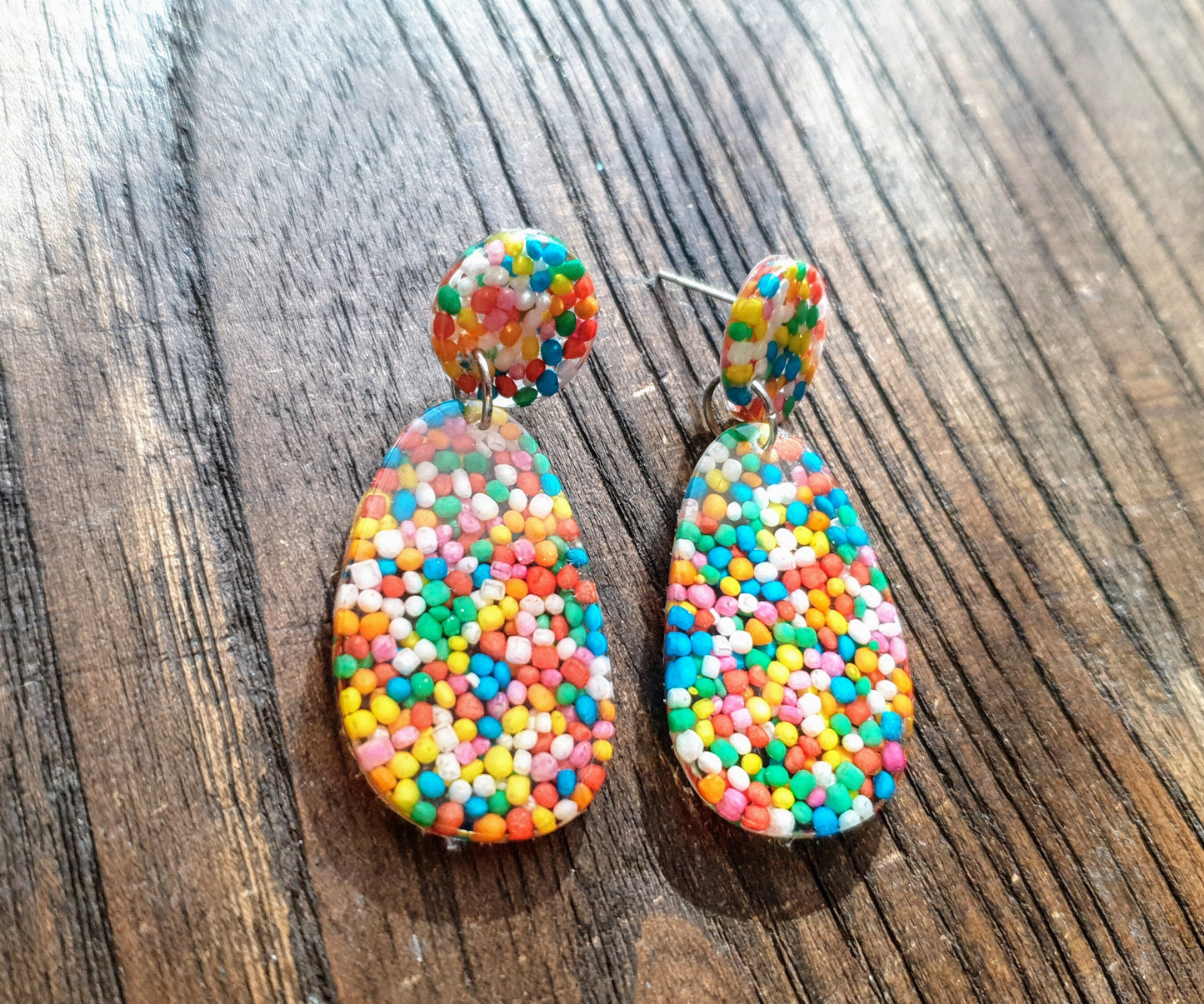 Statement Oval Organic Shape Drop Earrings, 100s and 1000s Multicoloured, Resin Handmade, Stainless Steel. Personalised Gift Custom Colours